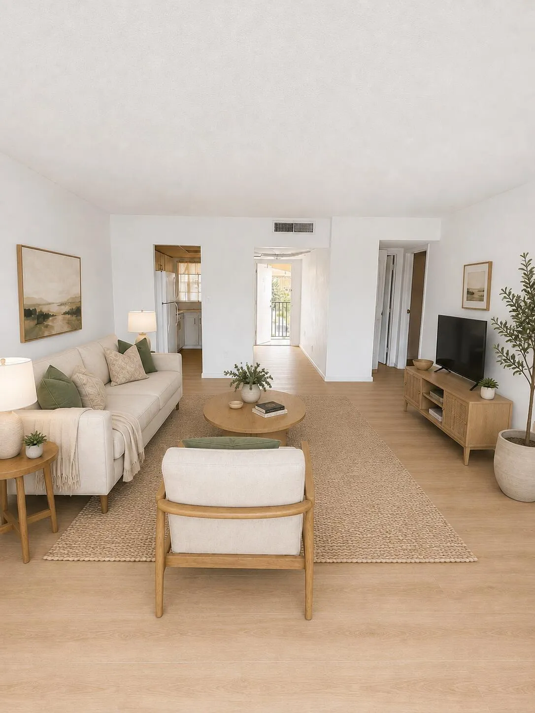 Living Room Re-imagined. Different angle. From patio door looking to front of unit.