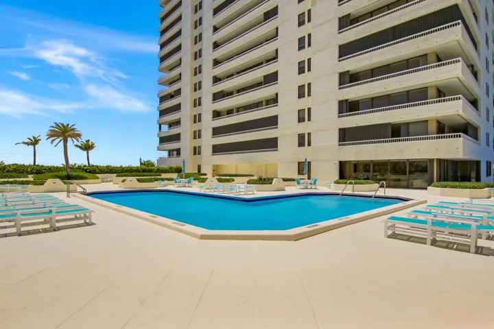 Resort-style pool with integrated steps, surrounding paved deck, and mature palm trees