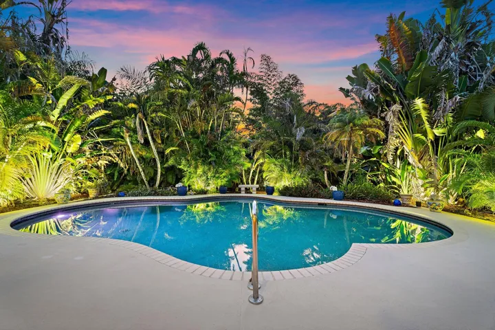 freeform pool is enhanced by tropical landscaping