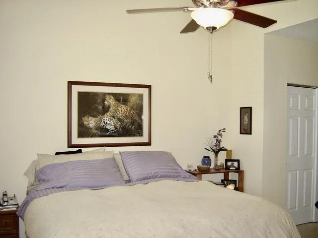 Vaulted ceiling with an attached ceiling fan and light fixture