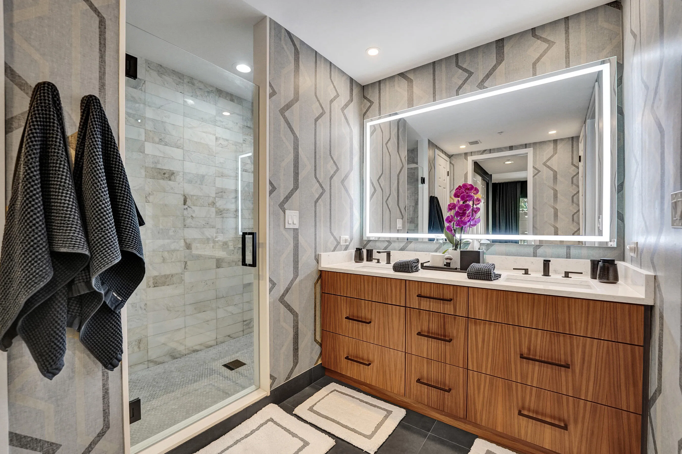 Dual vanity with stone countertop and integrated sinks