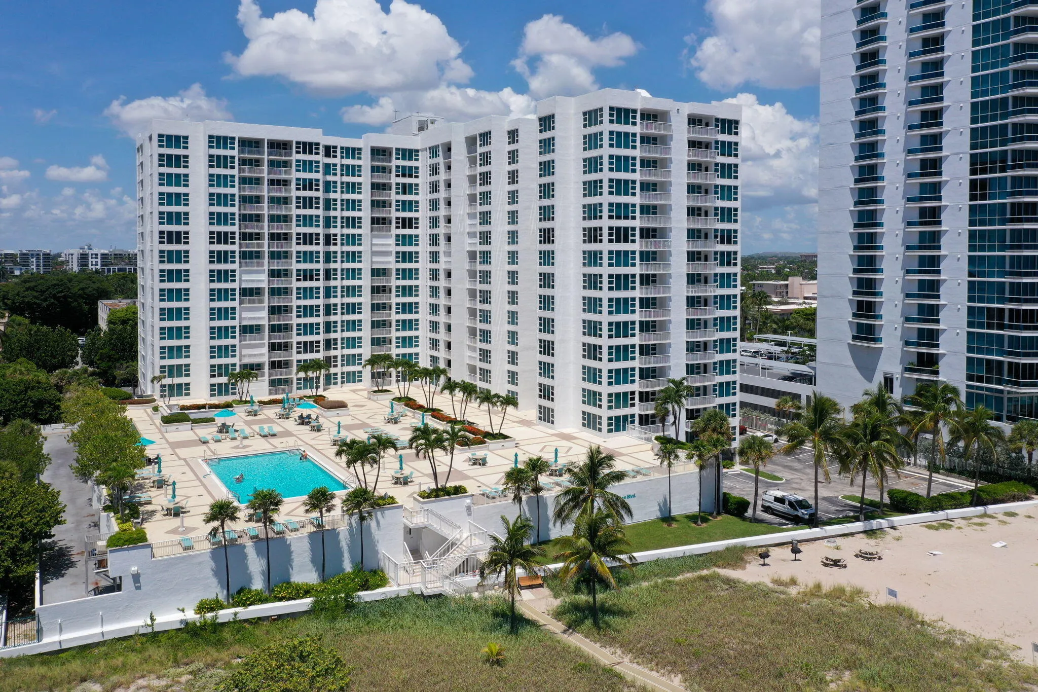 pool deck and beach drone shot