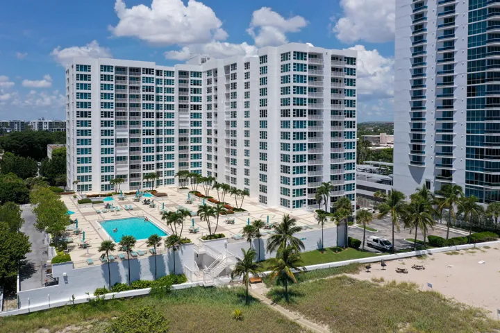 pool deck and beach drone shot