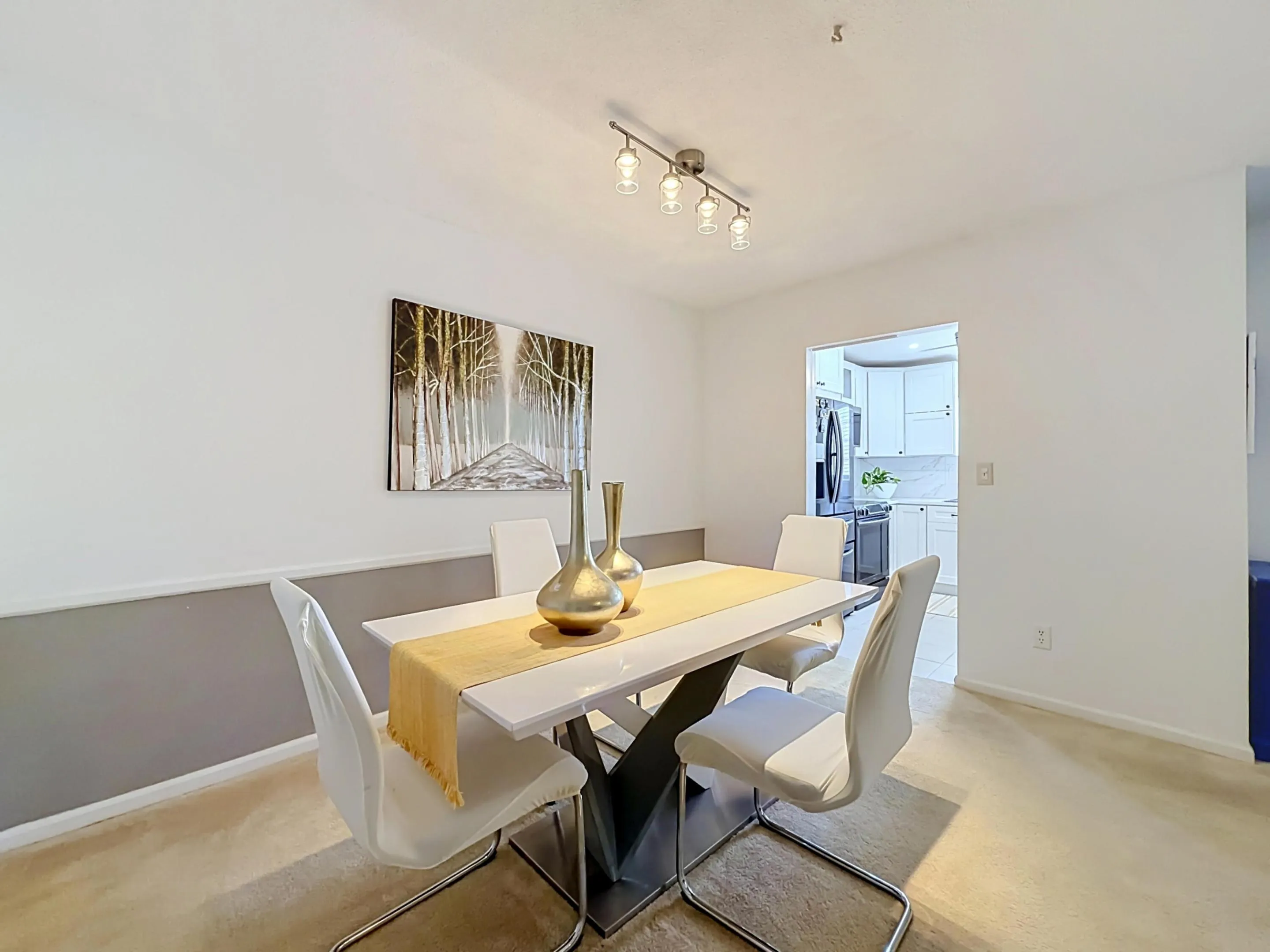 Recessed lighting and track lighting fixtures illuminate the space