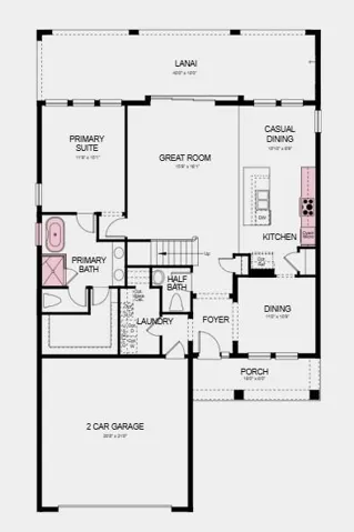 Floor 1 - Additional Highlights Include: Pendant lights at kitchen, gourmet kitchen, 8' interior doors, deluxe primary bath with shower and garden tub, pre-plumb sink at laundry, outdoor kitchen rough-in, and whole house impact windows