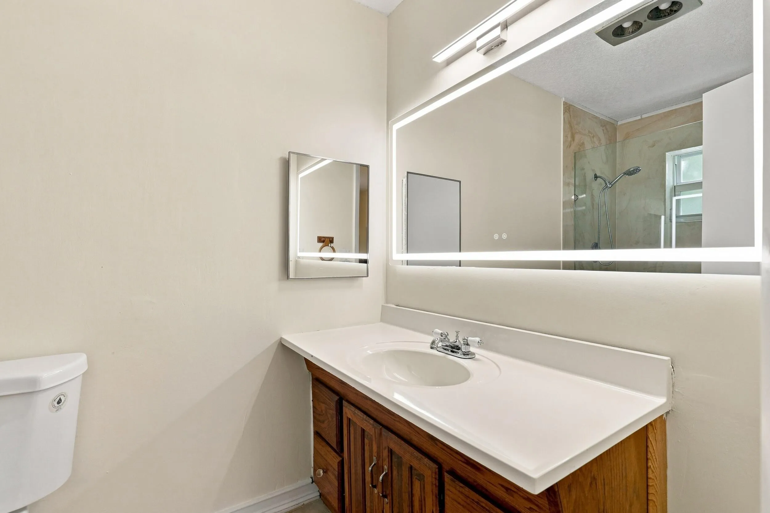 Bathroom featuring a wood vanity, large mirror, and bright overhead lighting.