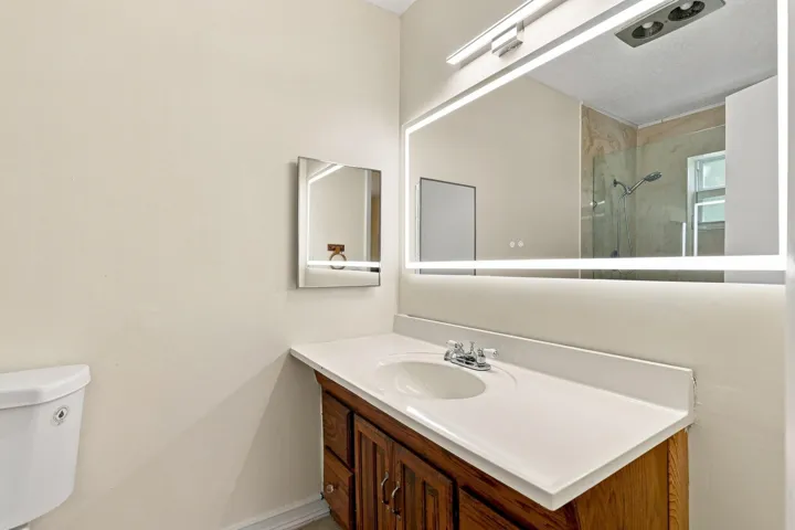 Bathroom featuring a wood vanity, large mirror, and bright overhead lighting.