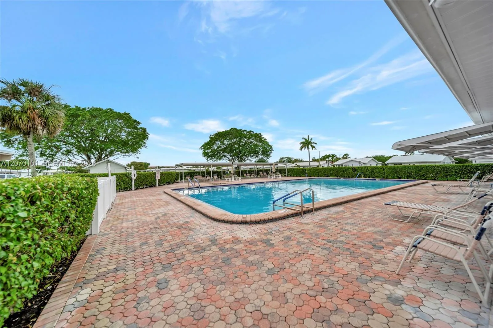 Community pool, loungers, palm trees