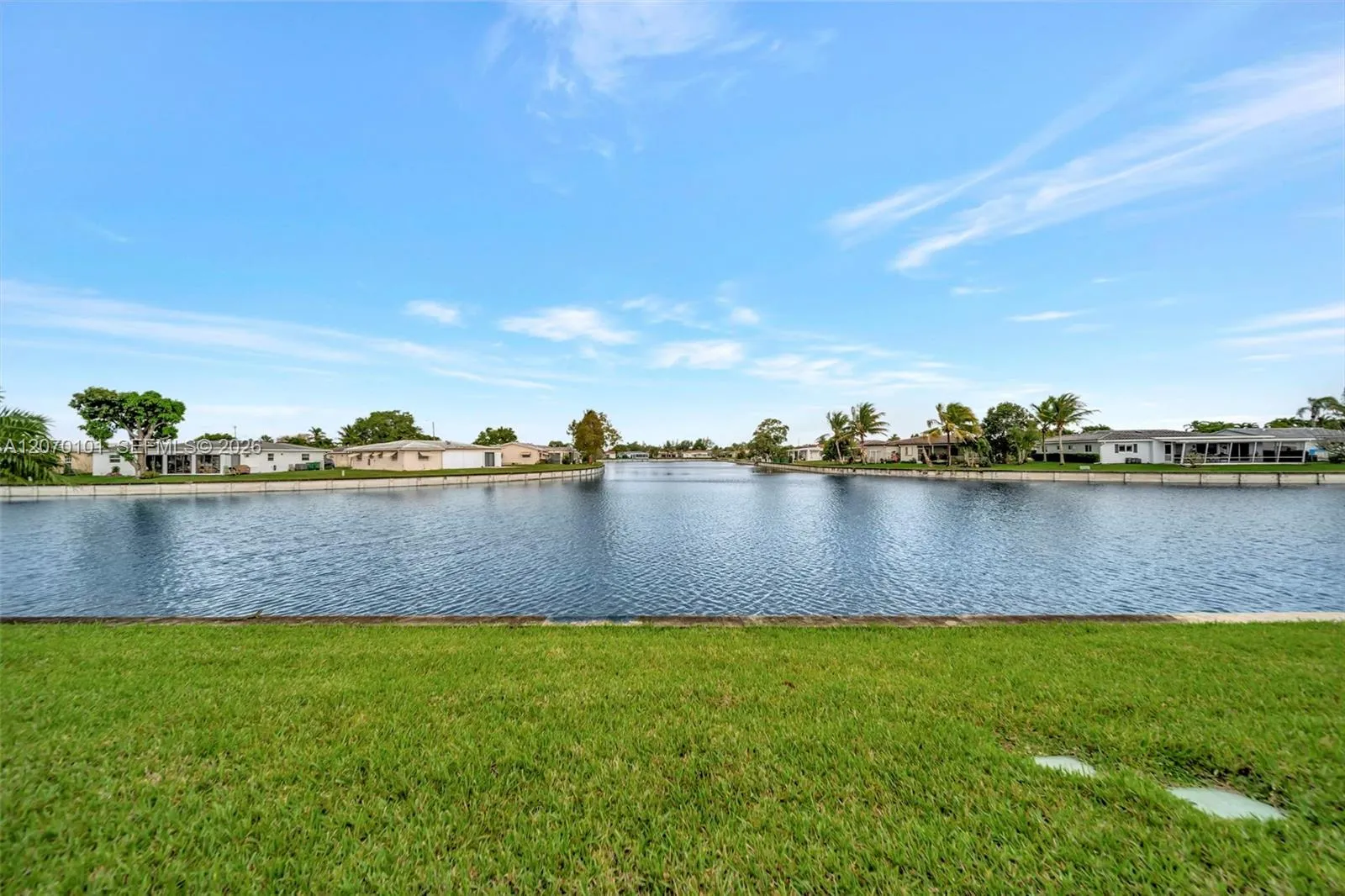 Lake view with palm, neighboring homes
