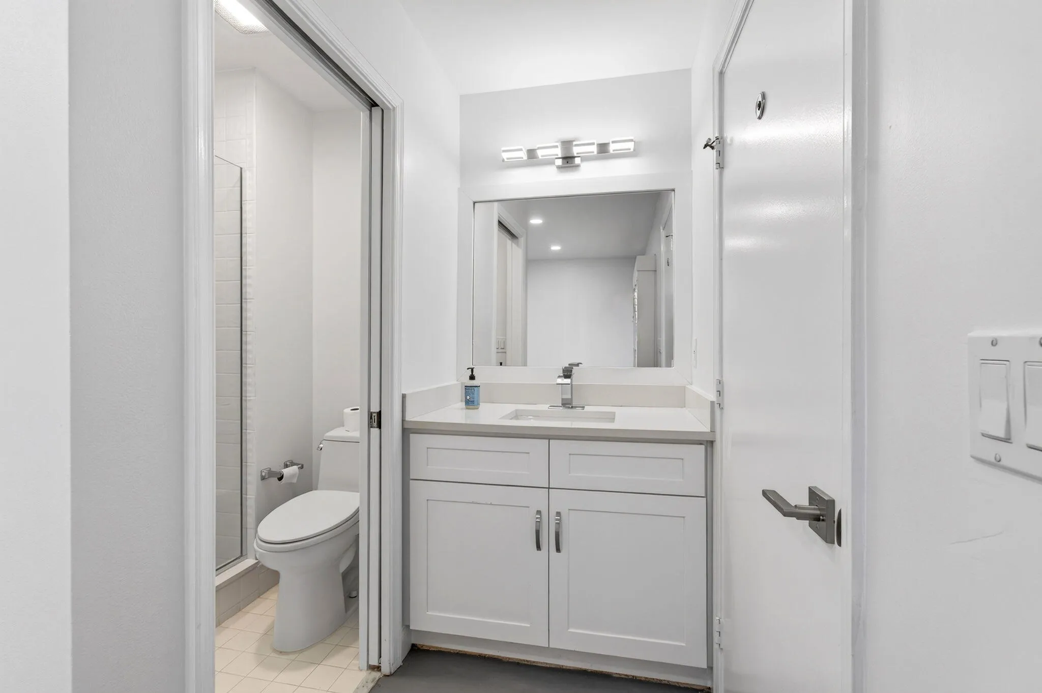 Vanity, Pocket Door to Private Walk-in Shower & Toilet Room