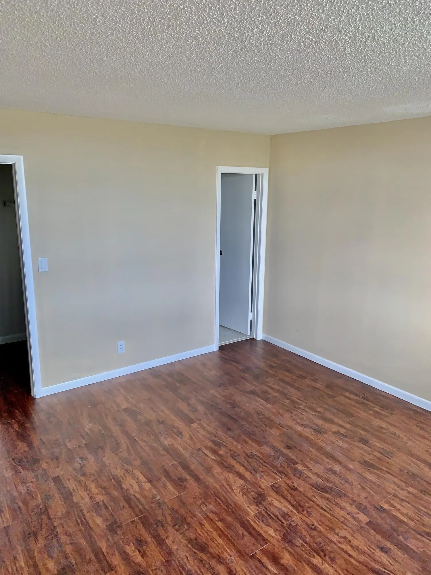 Spacious room featuring rich wood-finish flooring, neutral wall tones, white baseboards, and two entryways