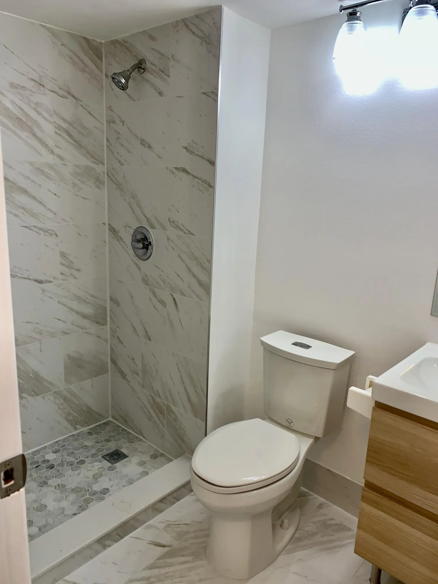 Walk-in shower with large-format tile walls and a hexagonal mosaic tile floor