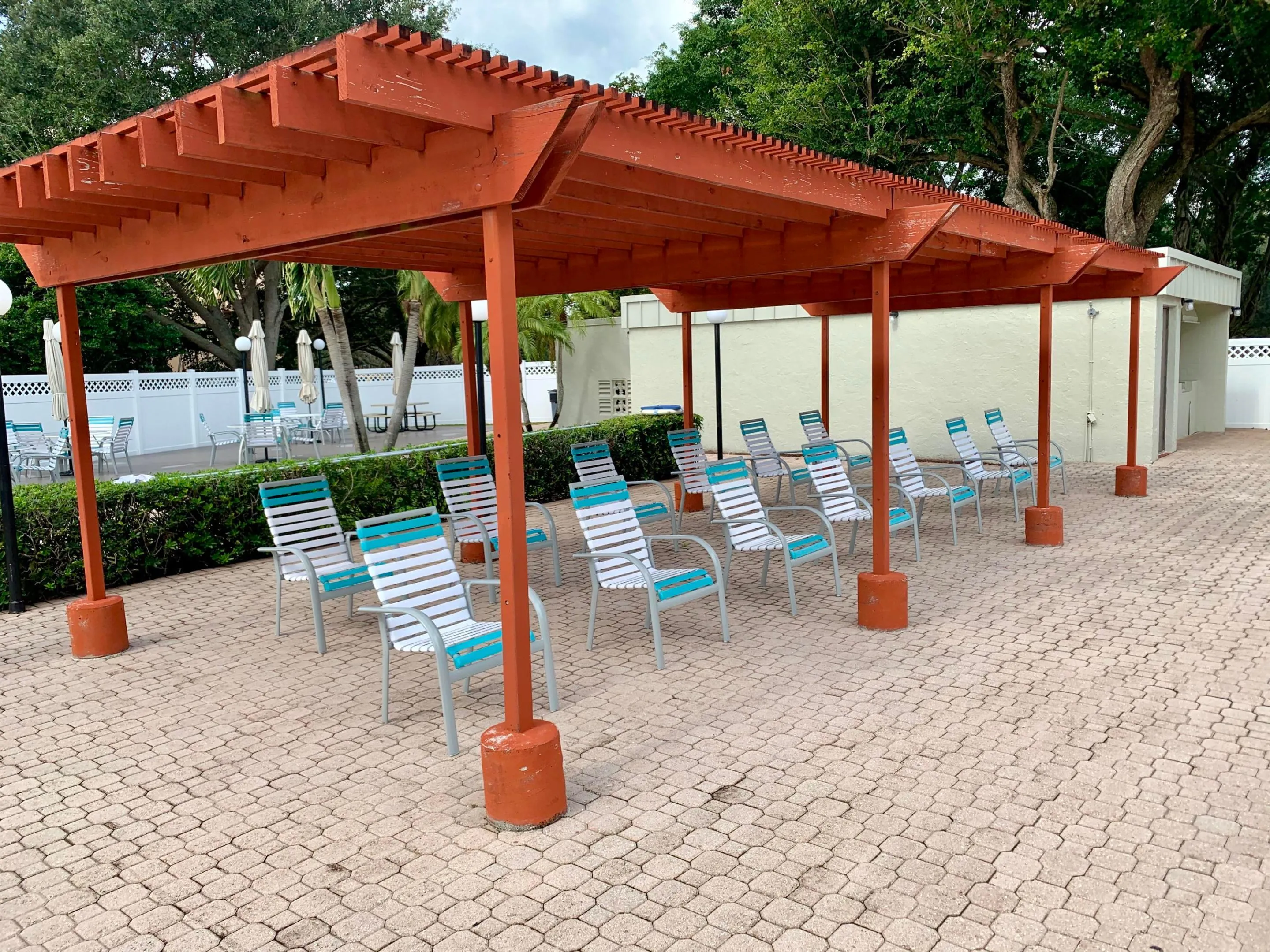 Expansive paver patio featuring a large wooden pergola structure, low privacy hedge, and a white lattice fence boundary