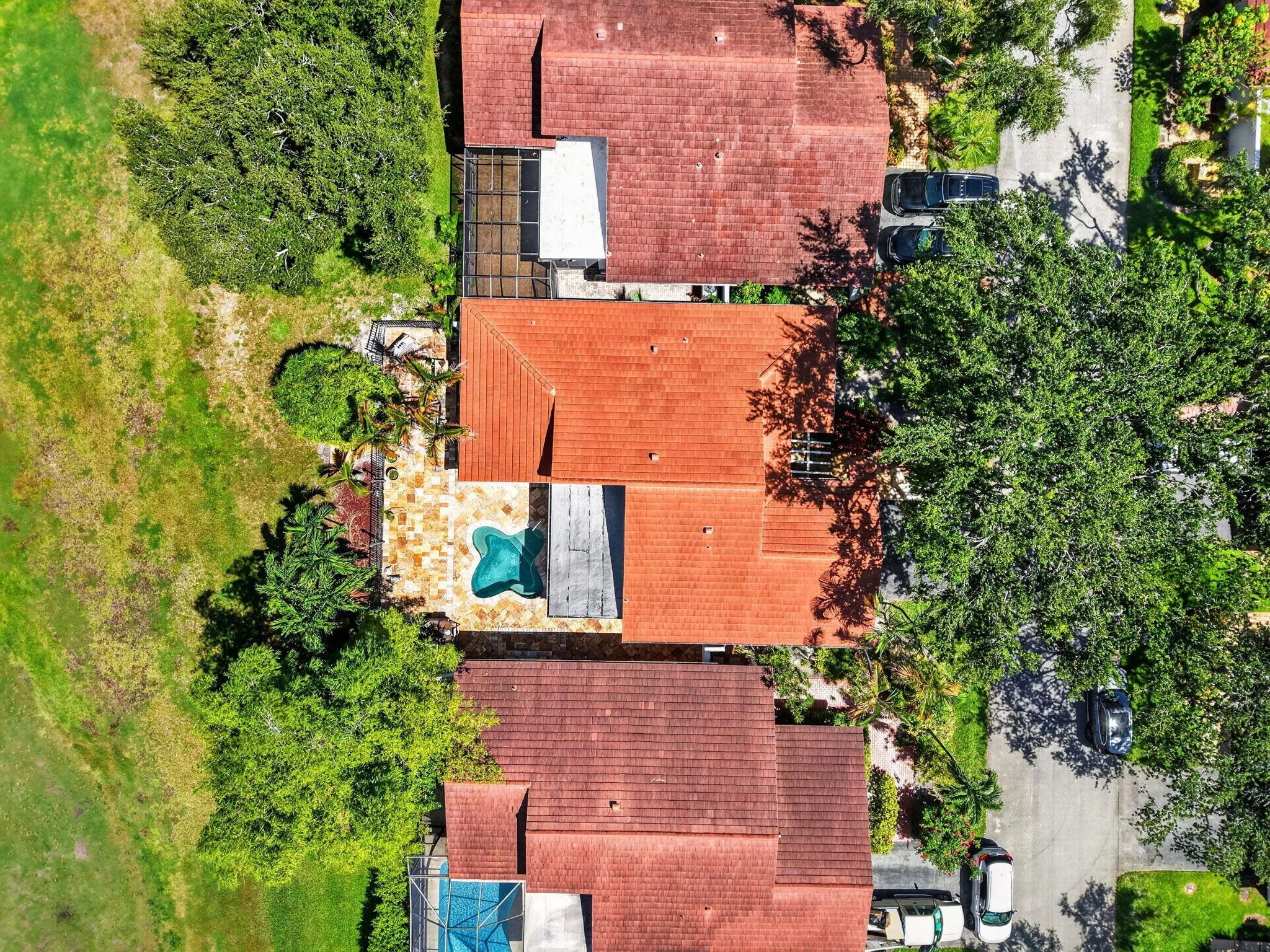Overhead aerial with mature tree canopy.