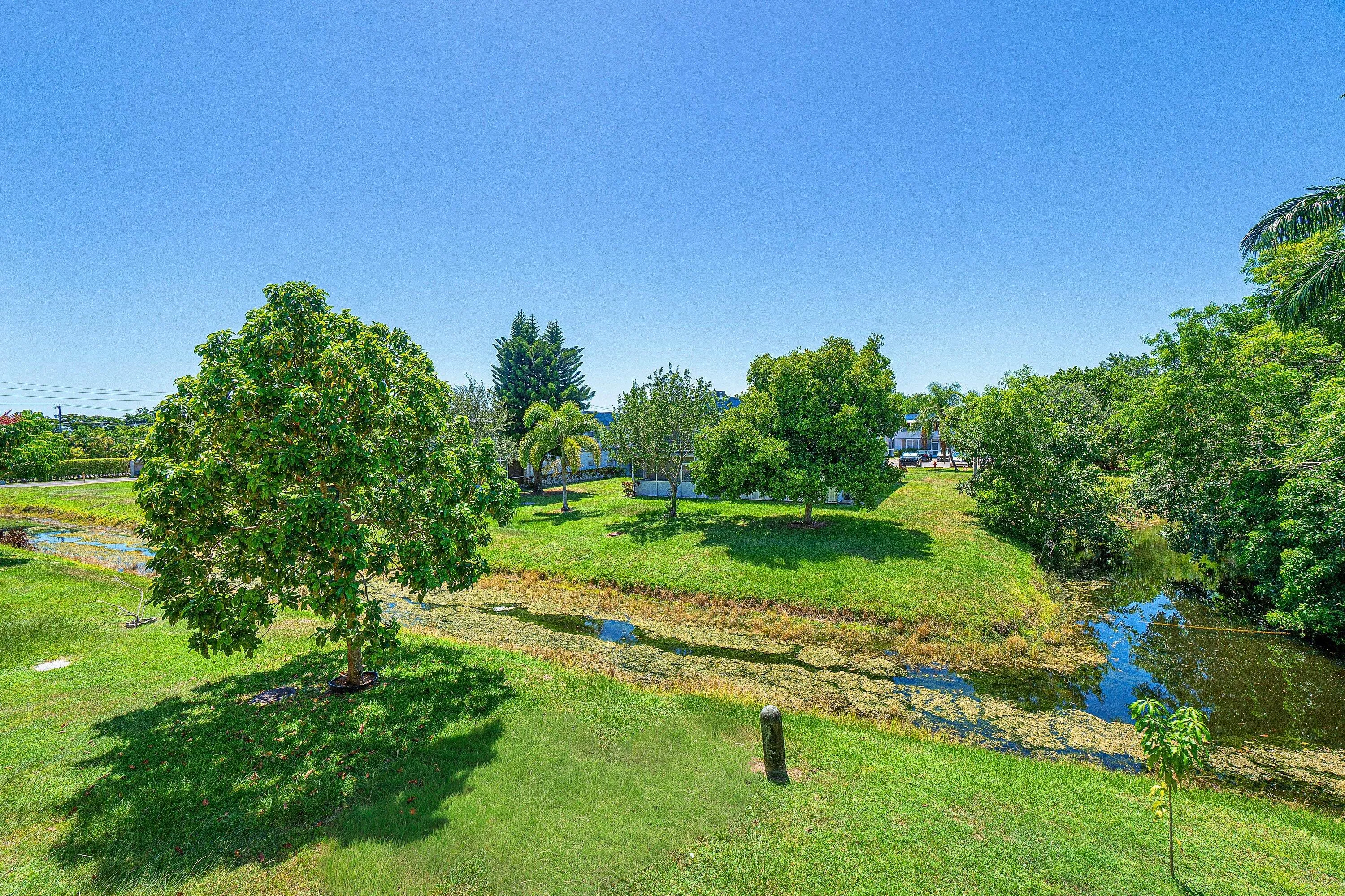 Expansive green space featuring mature trees and a natural water feature