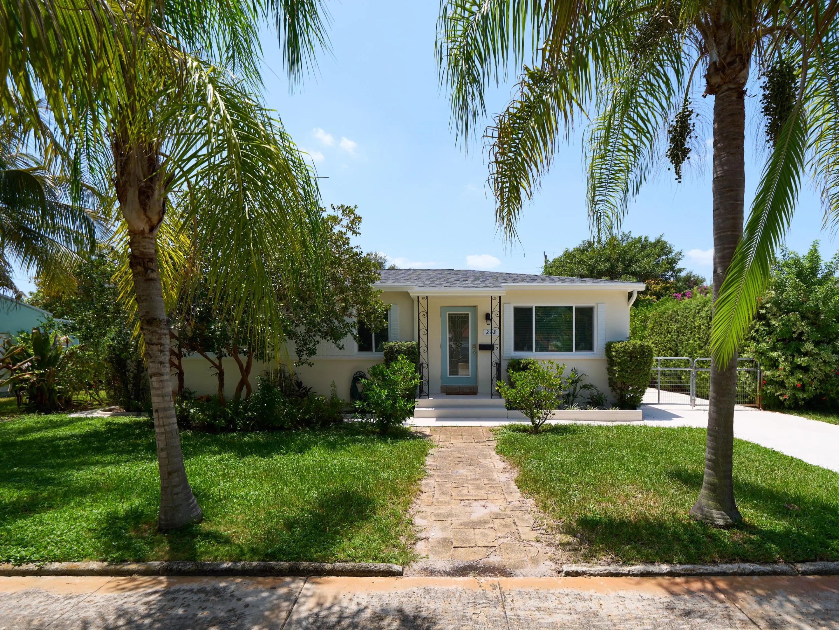 Front of home lined with Palm trees
