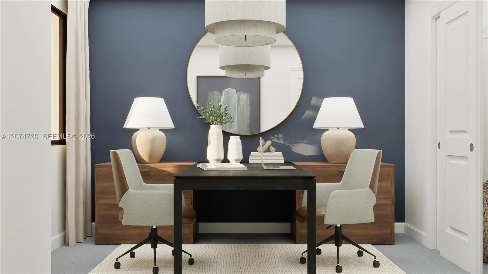 Either of the two secondary bedrooms can be transformed into a custom office for remote work, as it’s furnished here.