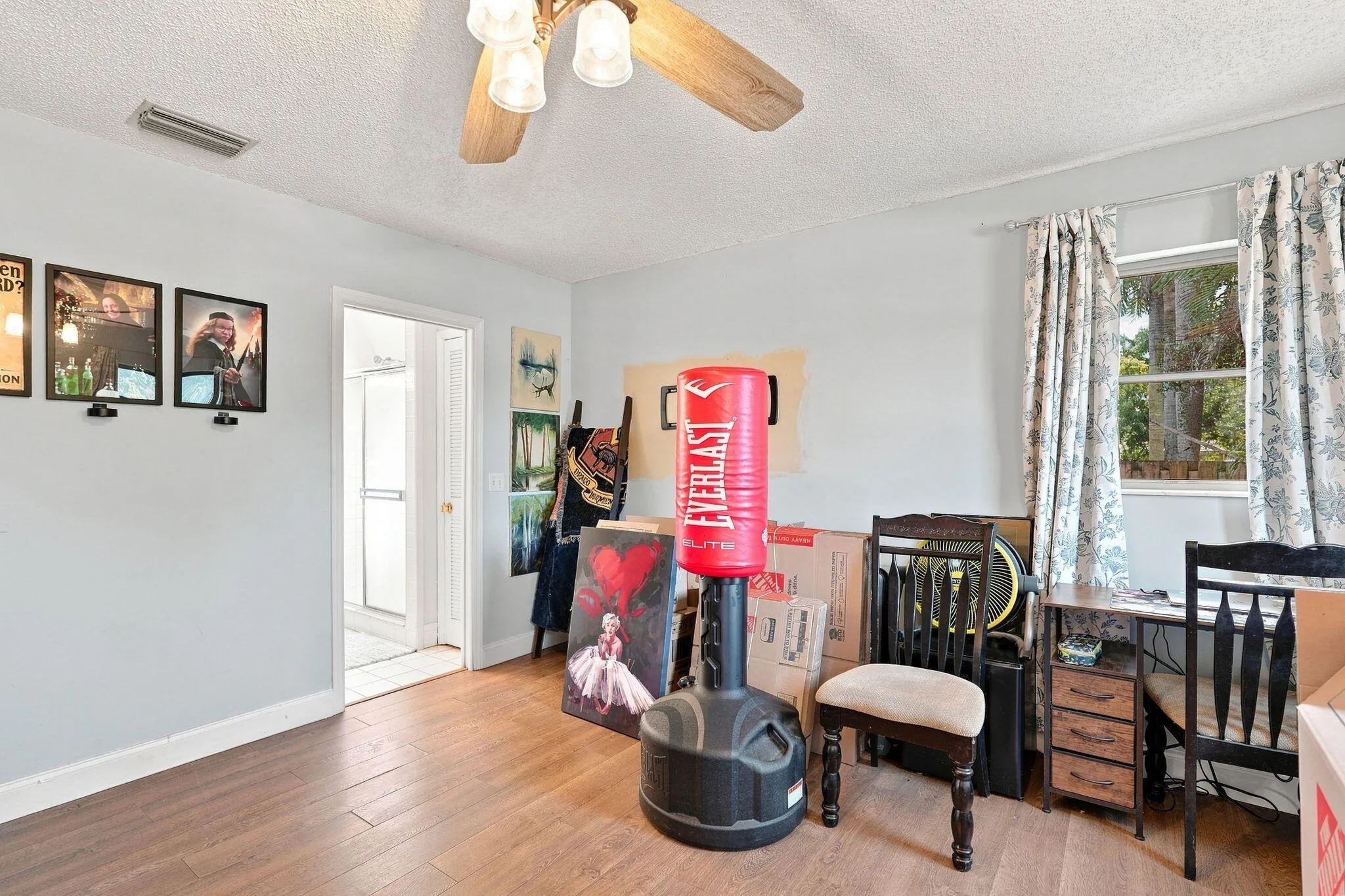 LVP flooring throughout, light blue wall paint, ceiling fan with light fixture and a window with natural light