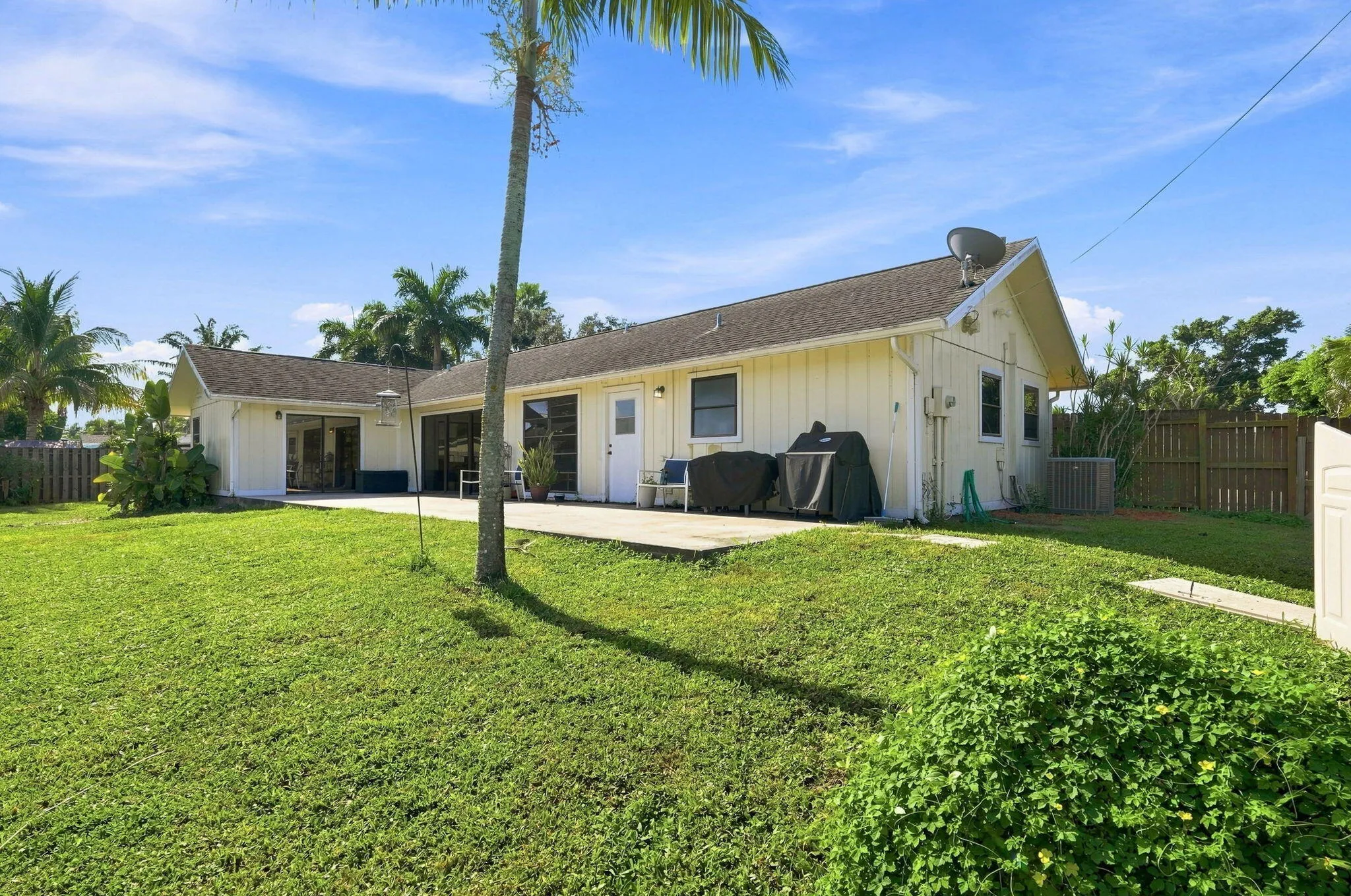 Spacious backyard featuring a manicured lawn, concrete patio and mature palm trees