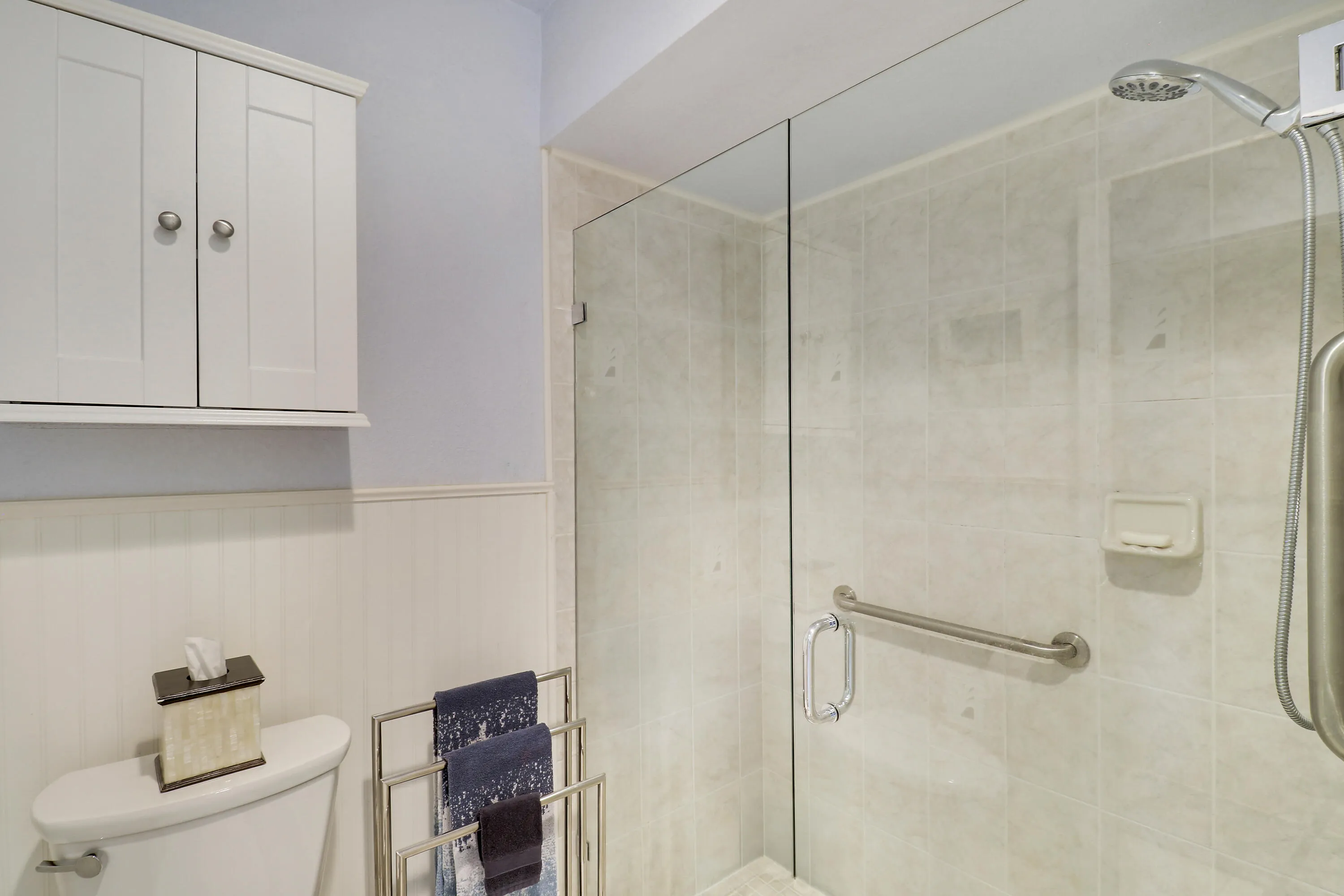 The ensuite bathroom offers a walk in shower.