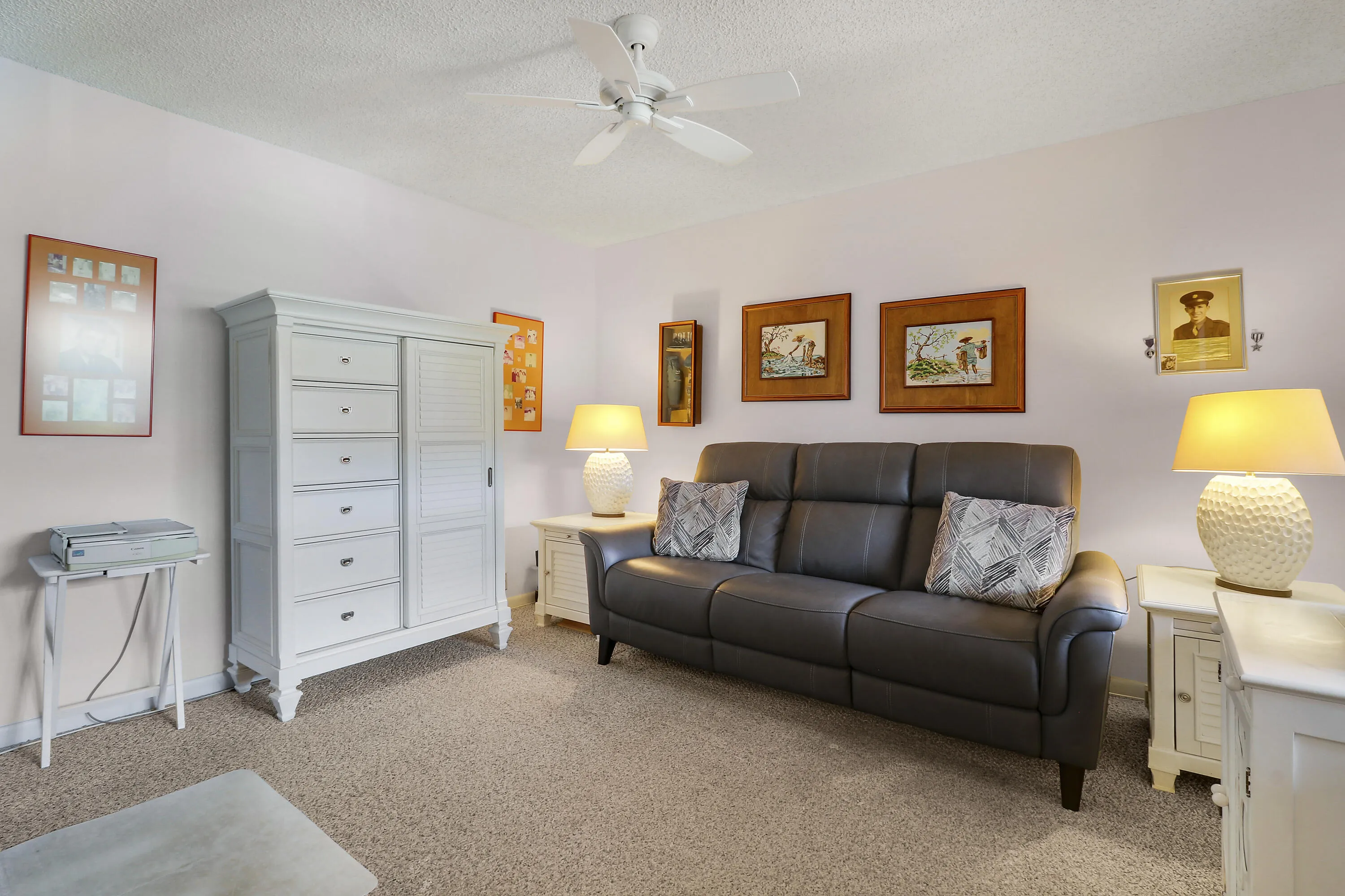 The spacious guest room can be used as a den.