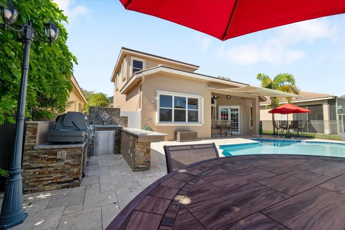 This built in summer kitchen is custom built in stone to compliment the cocktail bar, Grill and cocktail and entertain your friends and familes,