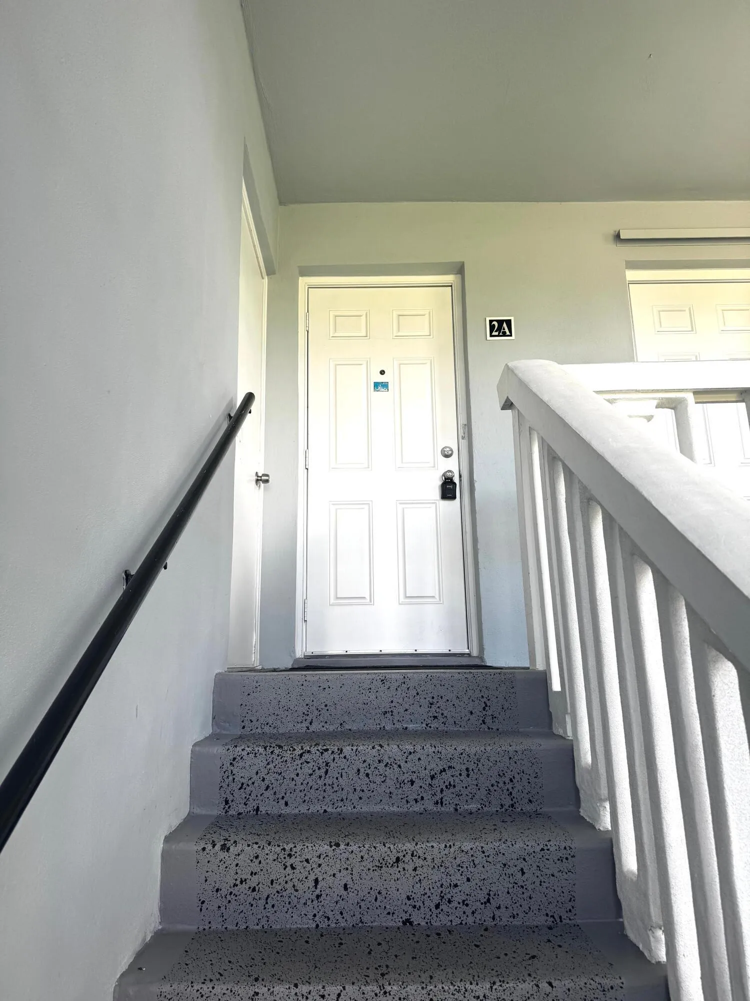 Entry door with paneled design, accompanied by a dark metal handrail and a white painted balustrade