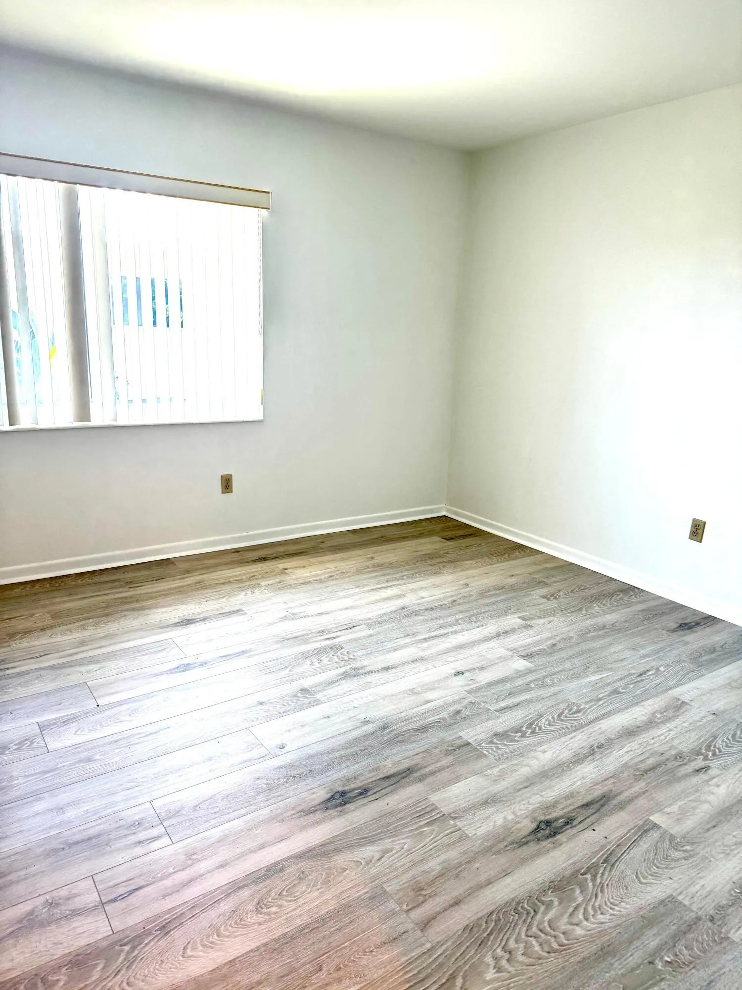 Wood-finish flooring with light-toned planks, white walls, and a window with blinds