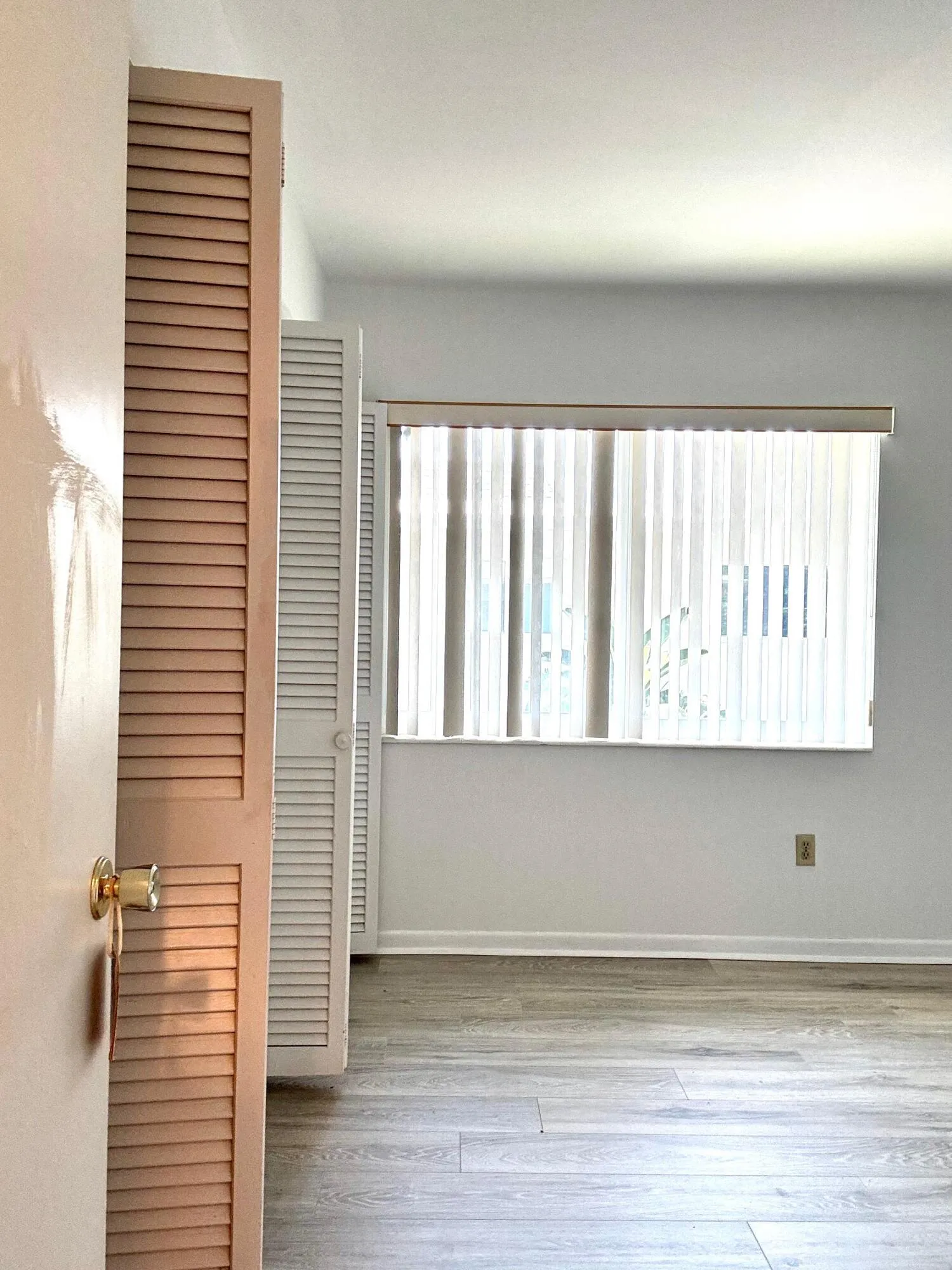 Spacious interior featuring wood-finish flooring, louvered closet doors, and window blinds
