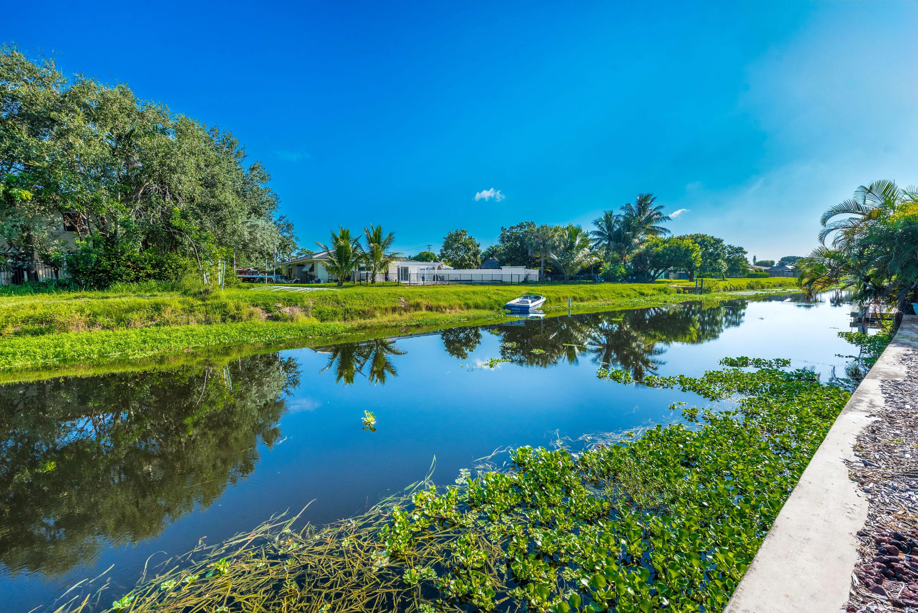 Waterfront property featuring a concrete seawall, lush green landscaping, and mature trees