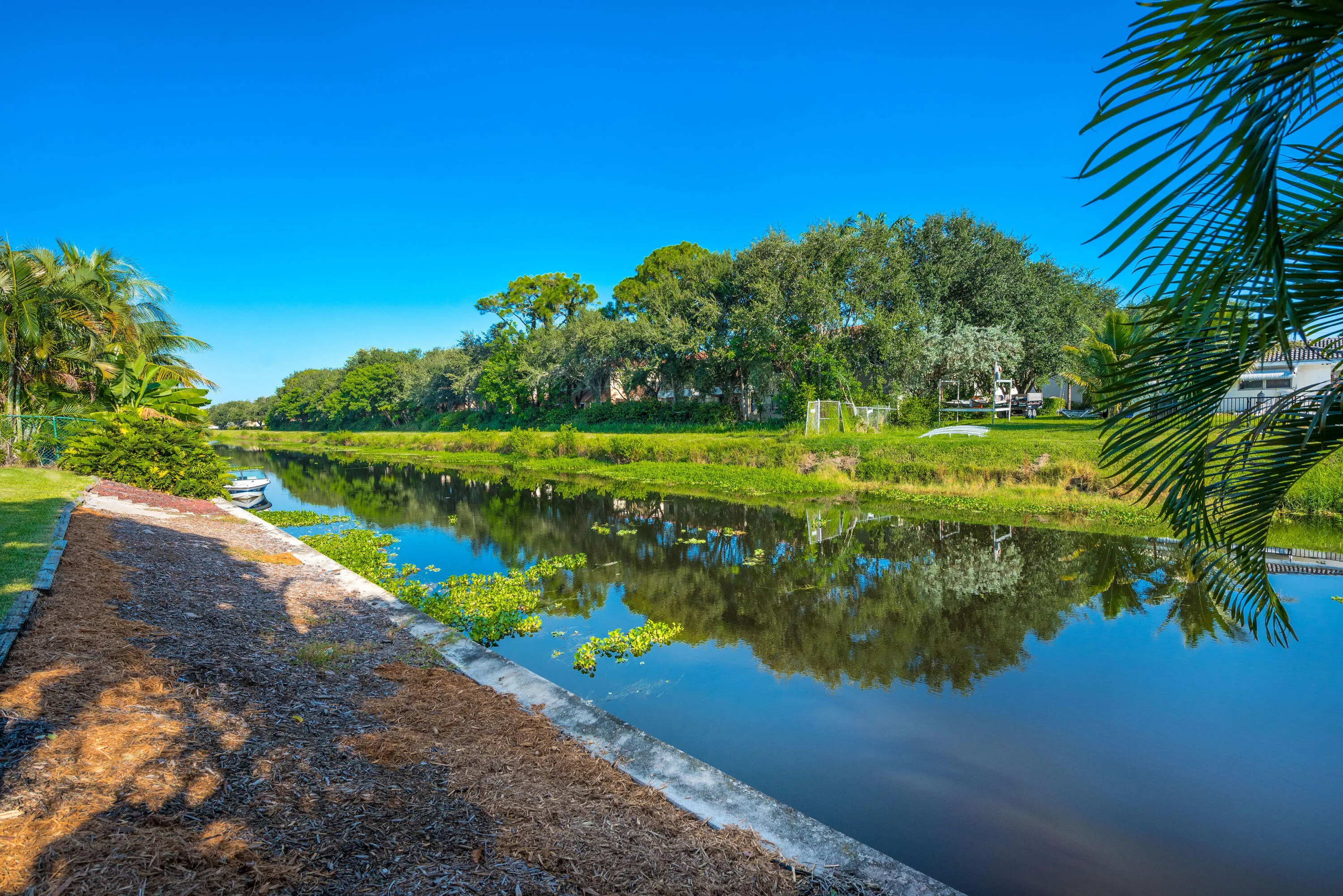 Waterfront property featuring a concrete seawall, lush green landscaping, and mature trees