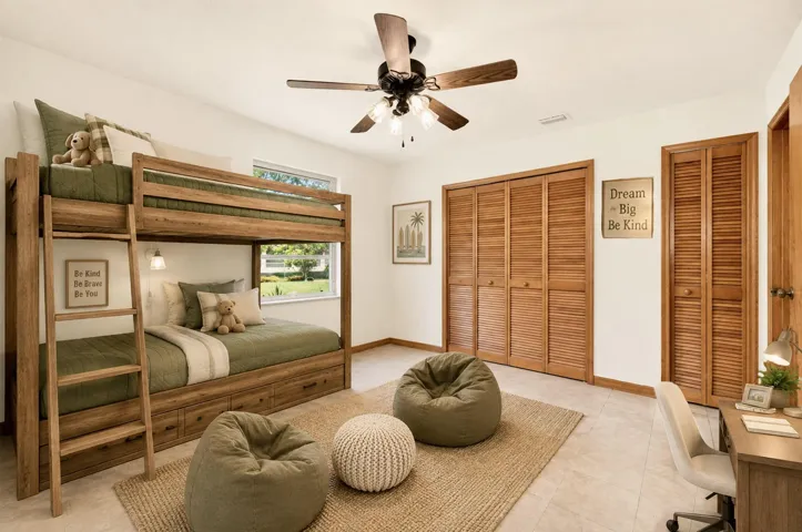 VIRTUALLY STAGED - BEDROOM 2 faces back yard. Bathroom is adjacent and also serves as guest bathroom.