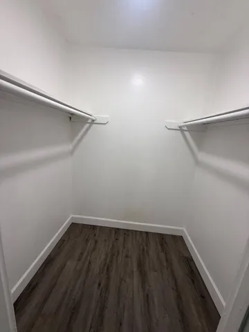 Walk-in closet featuring wood-finish flooring and dual-sided hanging rods