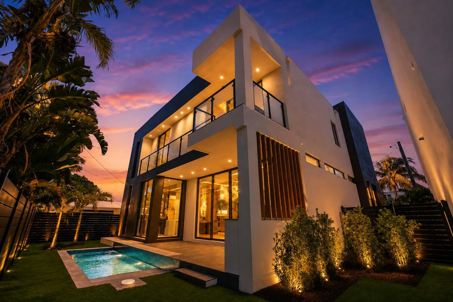 Modern exterior with multiple balconies, a ground-level patio, an in-ground pool, and perimeter privacy fencing