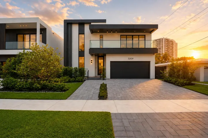 Modern architecture featuring a smooth stucco exterior and dark trim accents