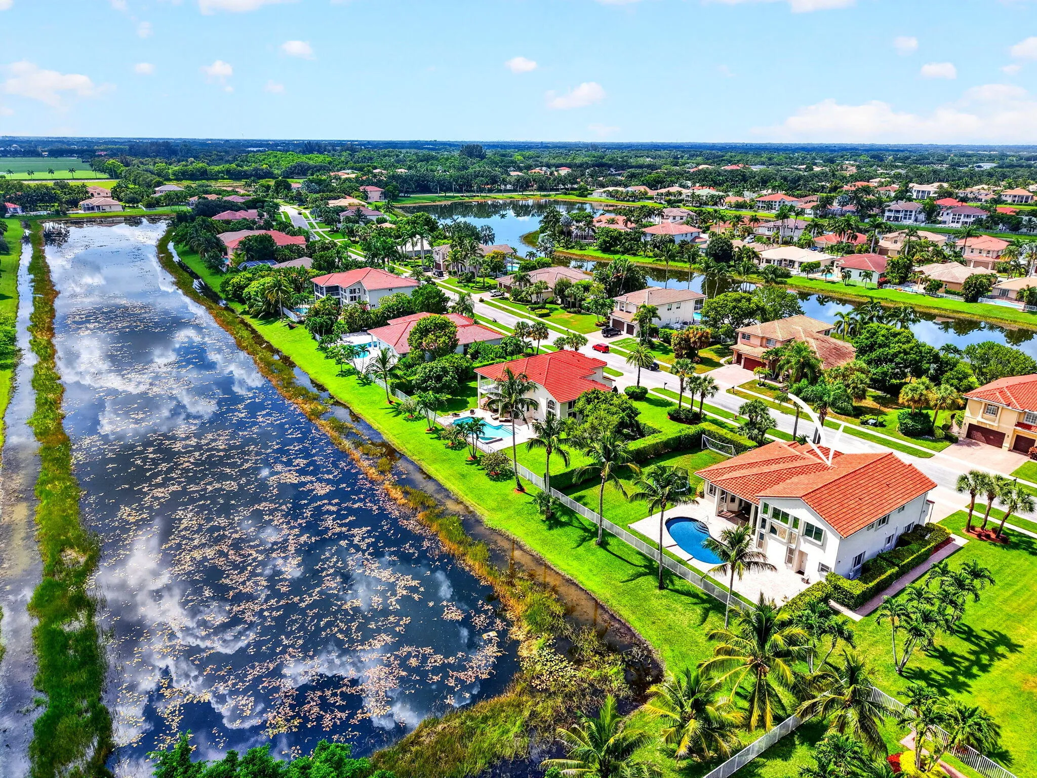 Residential area featuring a canal, mature landscaping, and multiple properties with private pools
