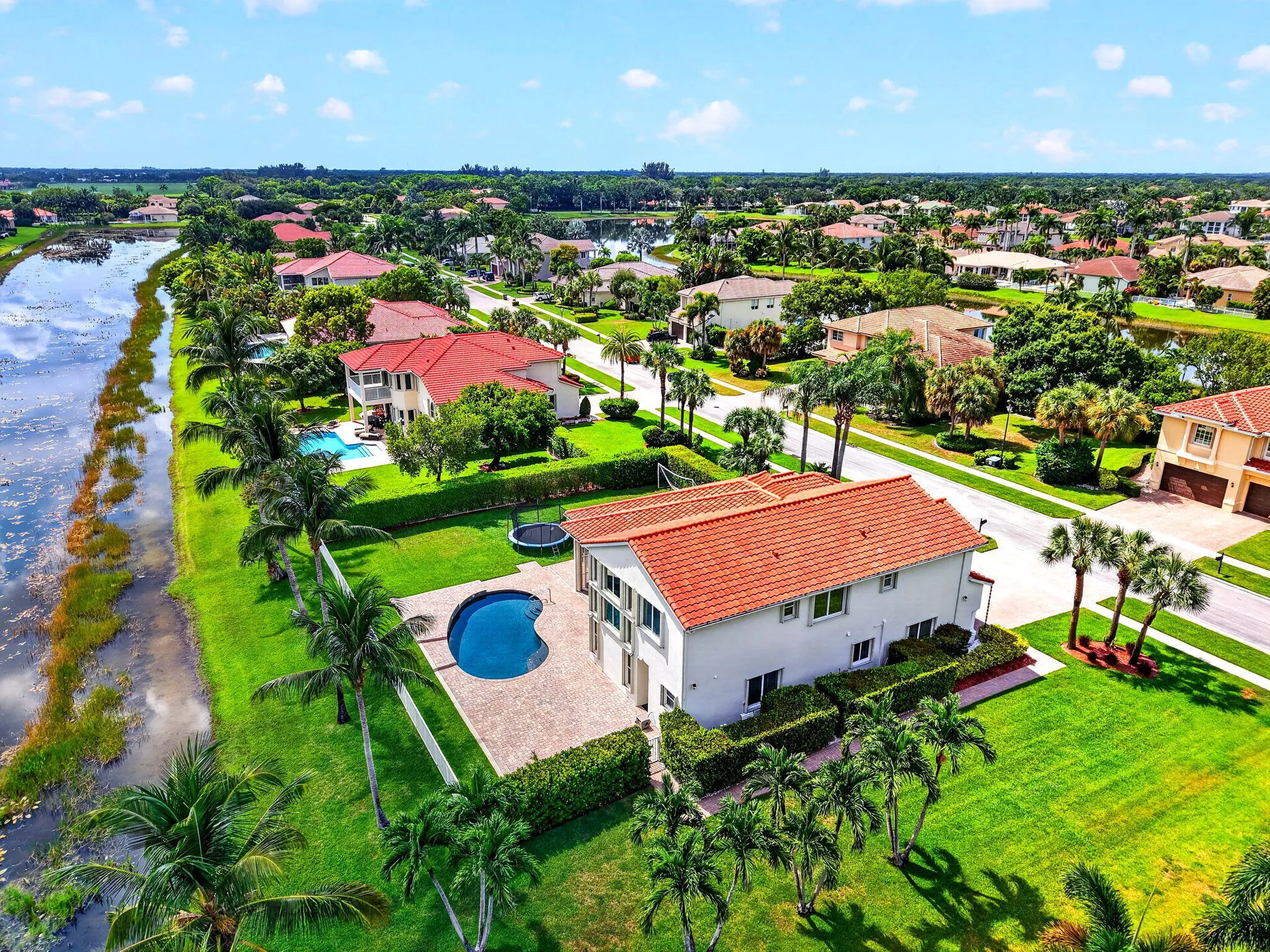 White stucco exterior with a terra cotta tile roof, backyard swimming pool, paver patio, and mature palm trees