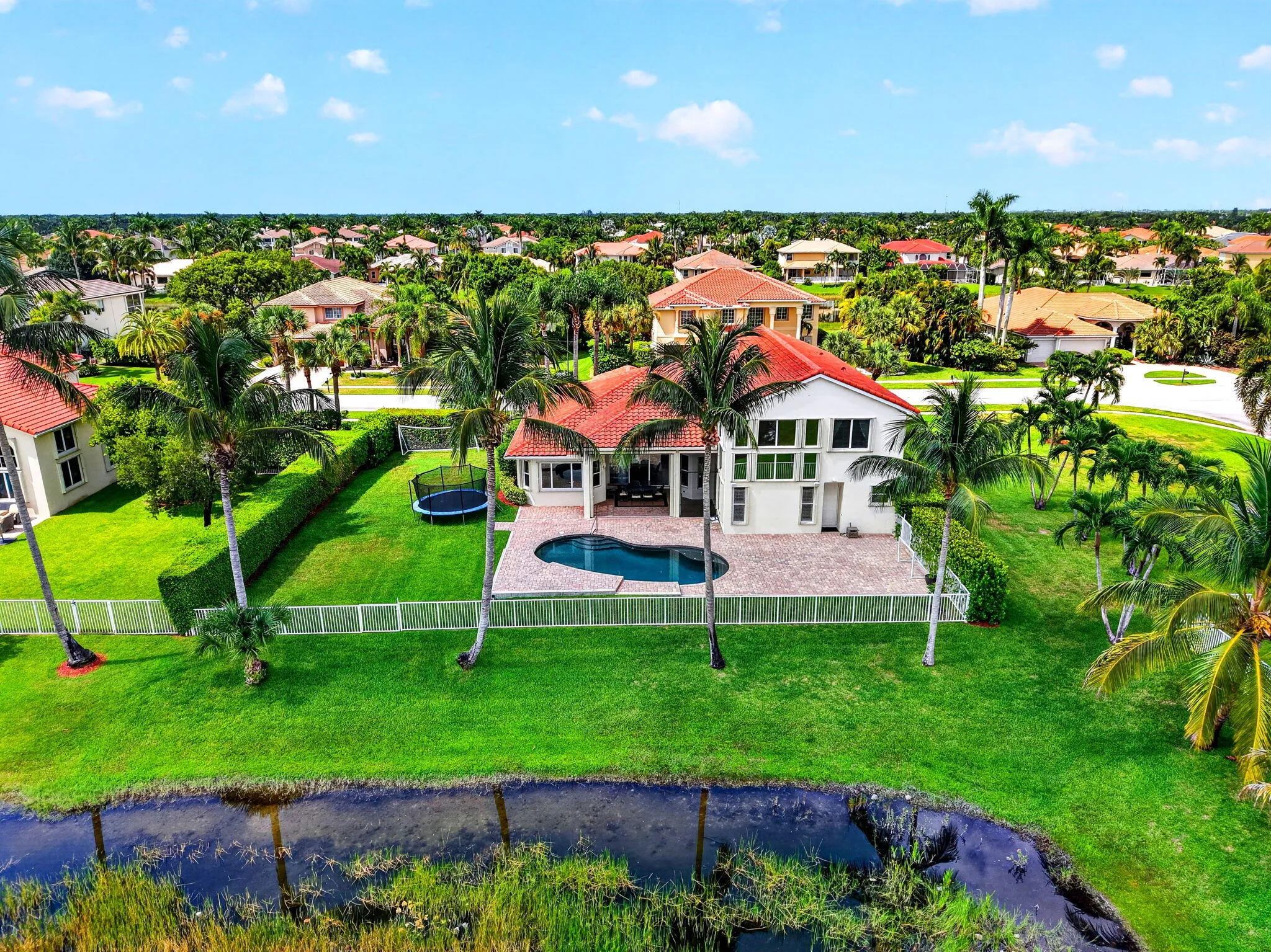 Two-story stucco exterior with red tile roofing, rear patio with a swimming pool, mature palm trees, and a manicured lawn
