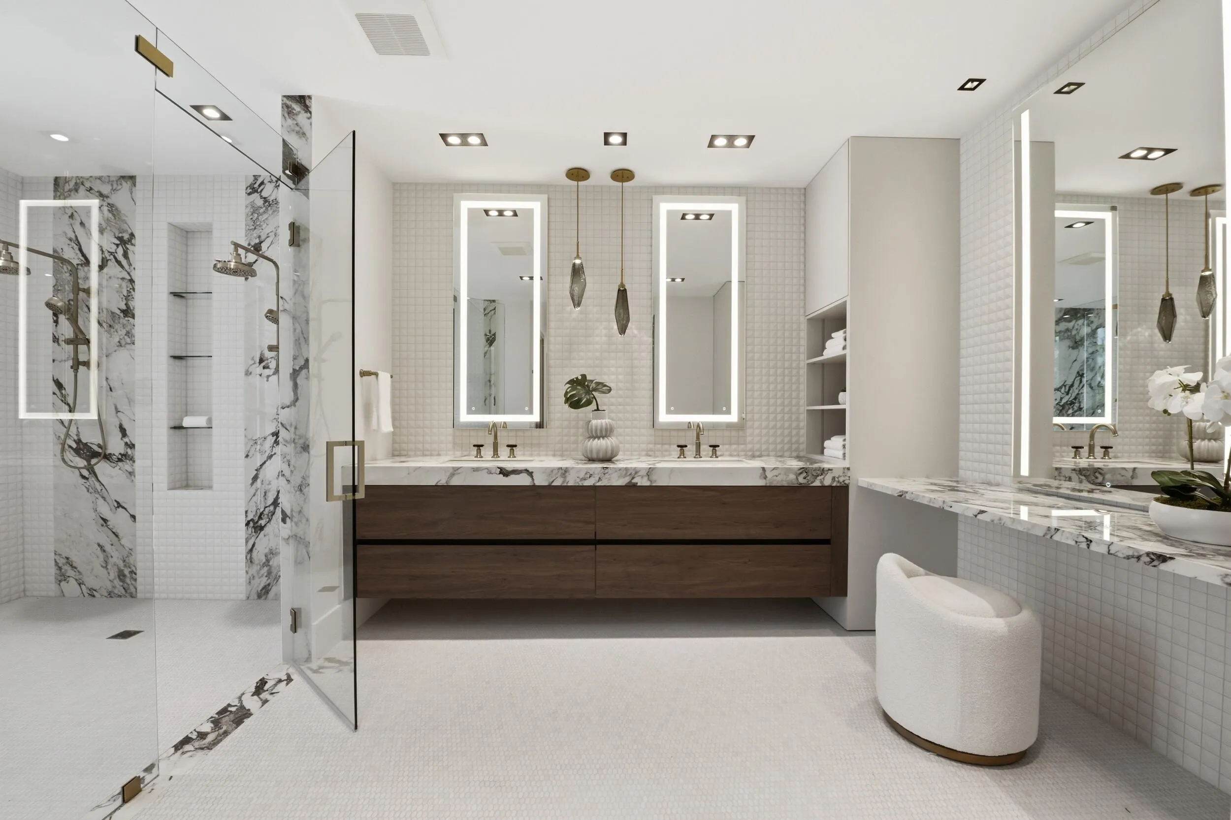 Dual vanity with undermount sinks, wood-finish cabinetry, marble-patterned countertops, and illuminated mirrors