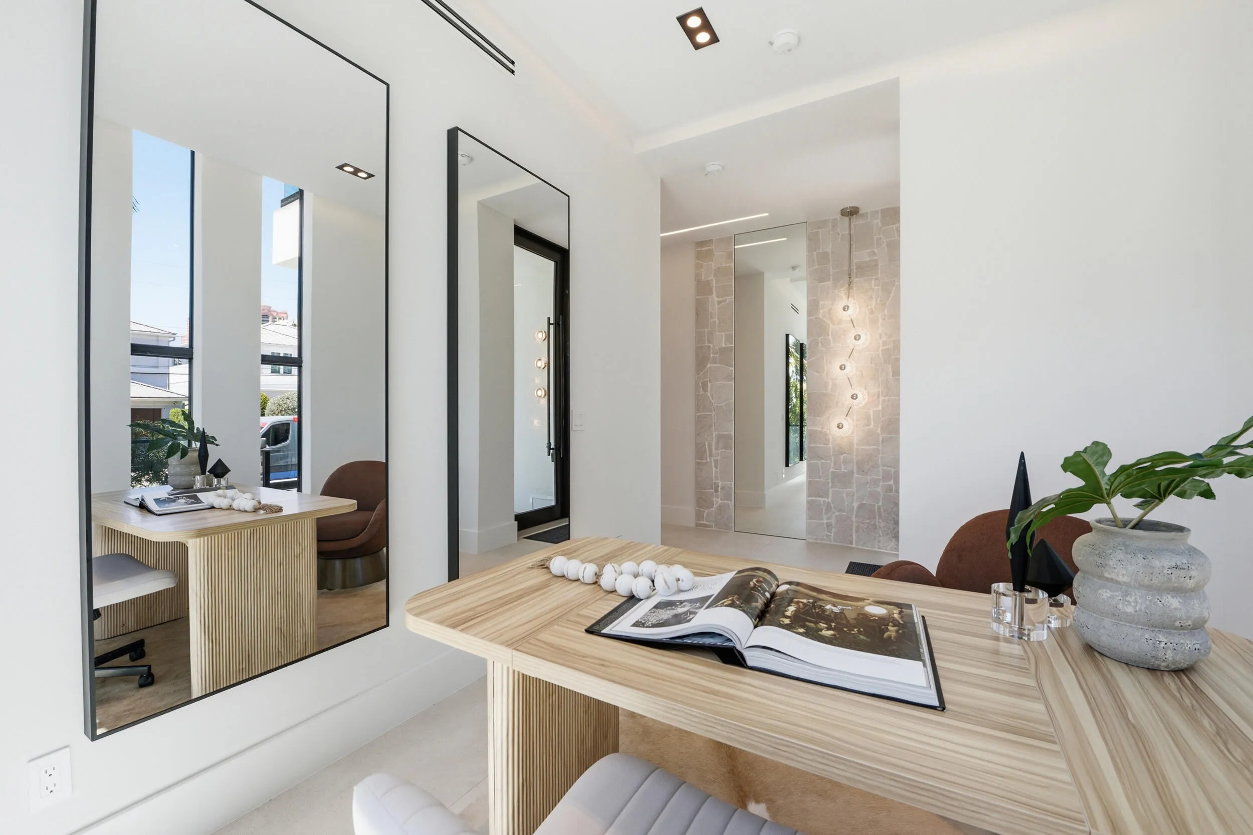 Wood-finish desk with integrated storage