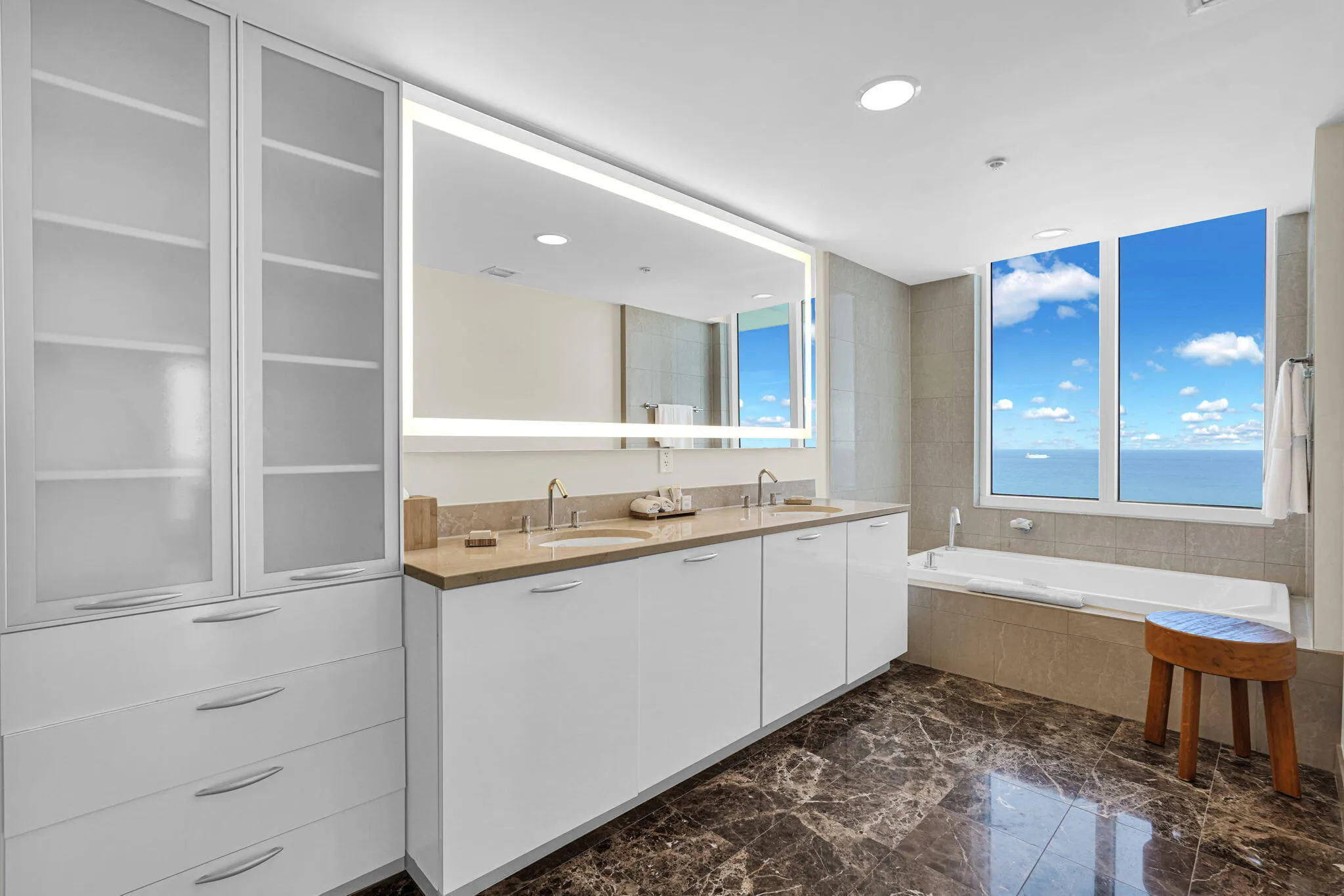 Main Bath dual sinks, separate tub and shower, and there is a view!