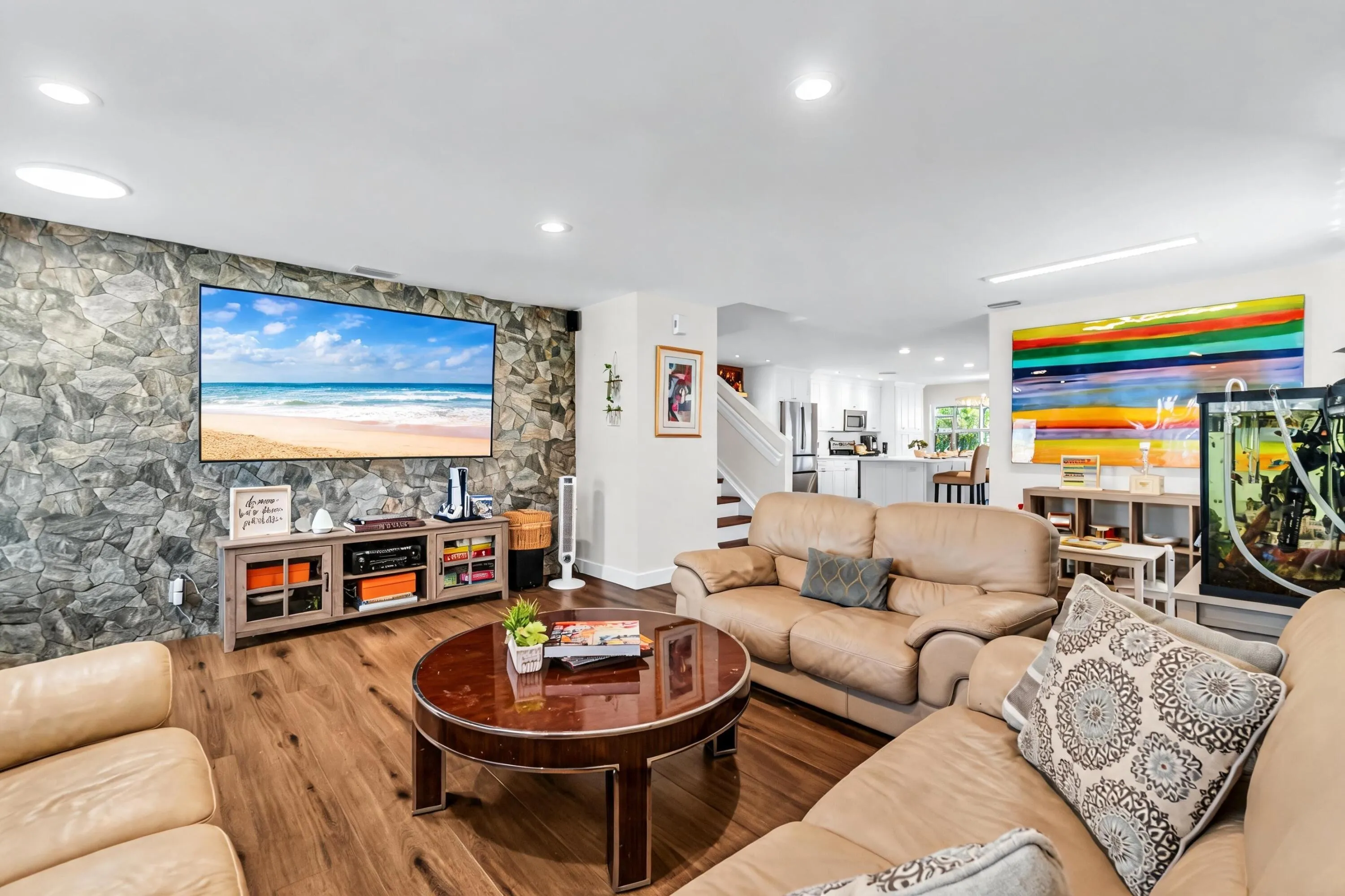 Stone accent wall, recessed lighting, wood-finish flooring, open-concept layout, staircase with wood treads