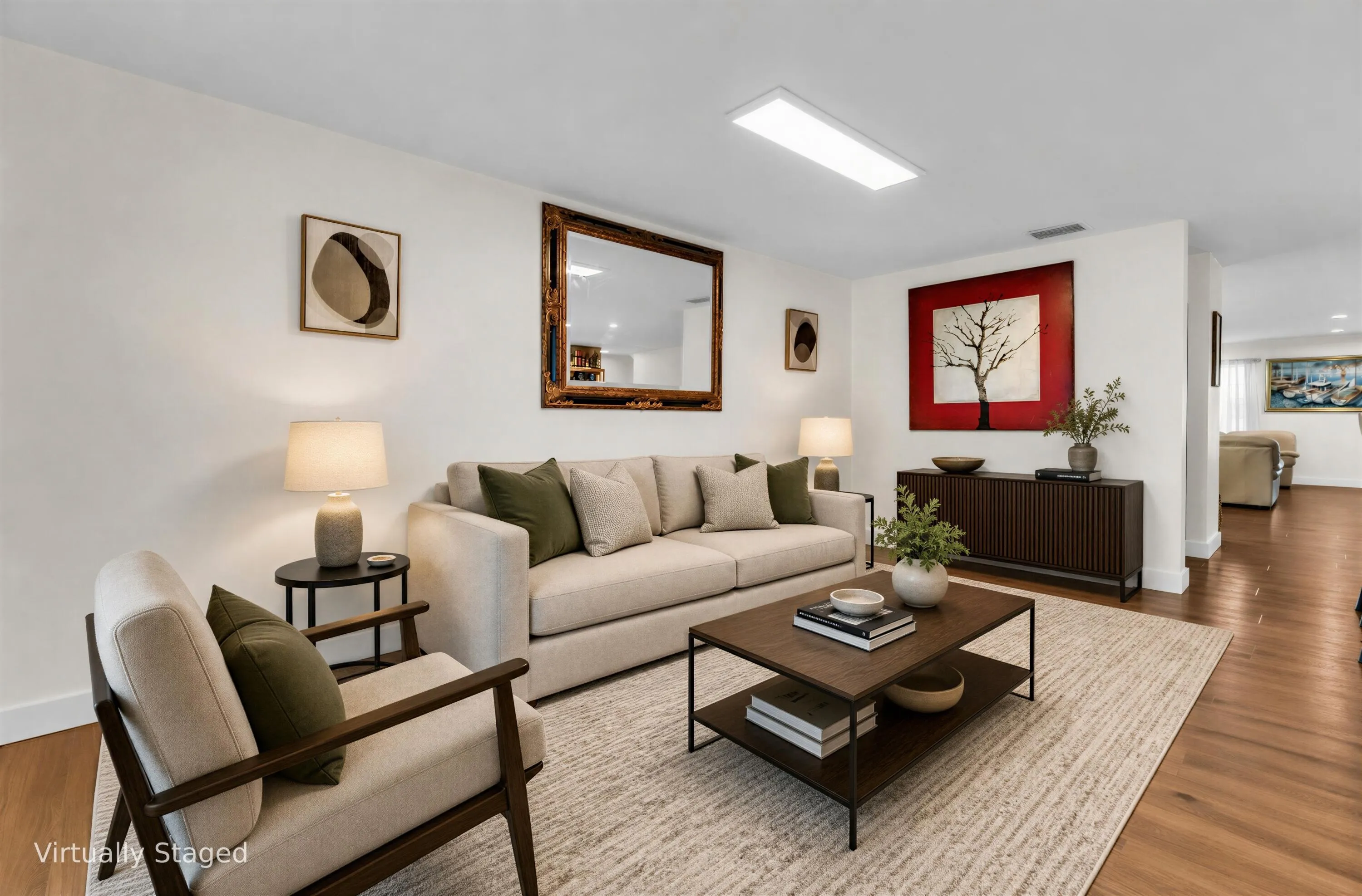 Wood-finish flooring throughout, white wall finishes, and a contemporary ceiling light fixture