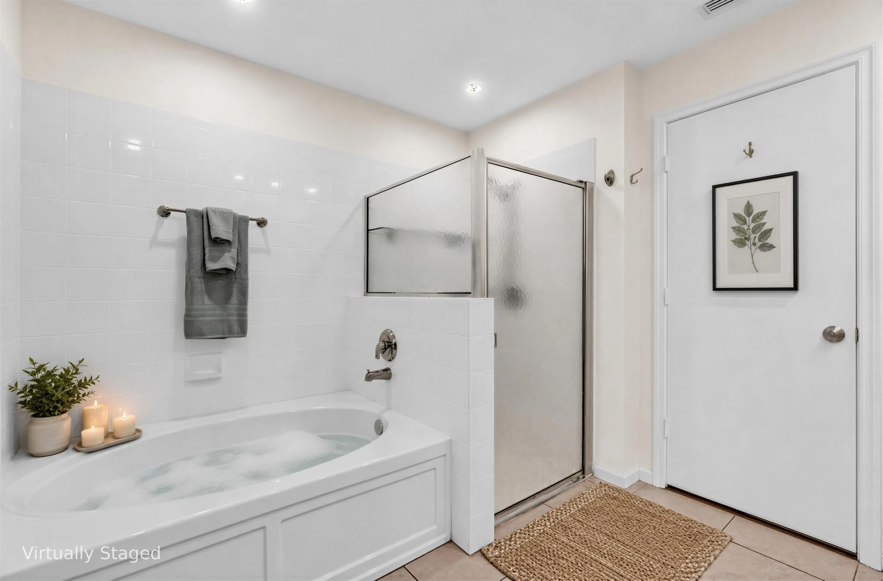 Soaking tub and separate shower with glass enclosure