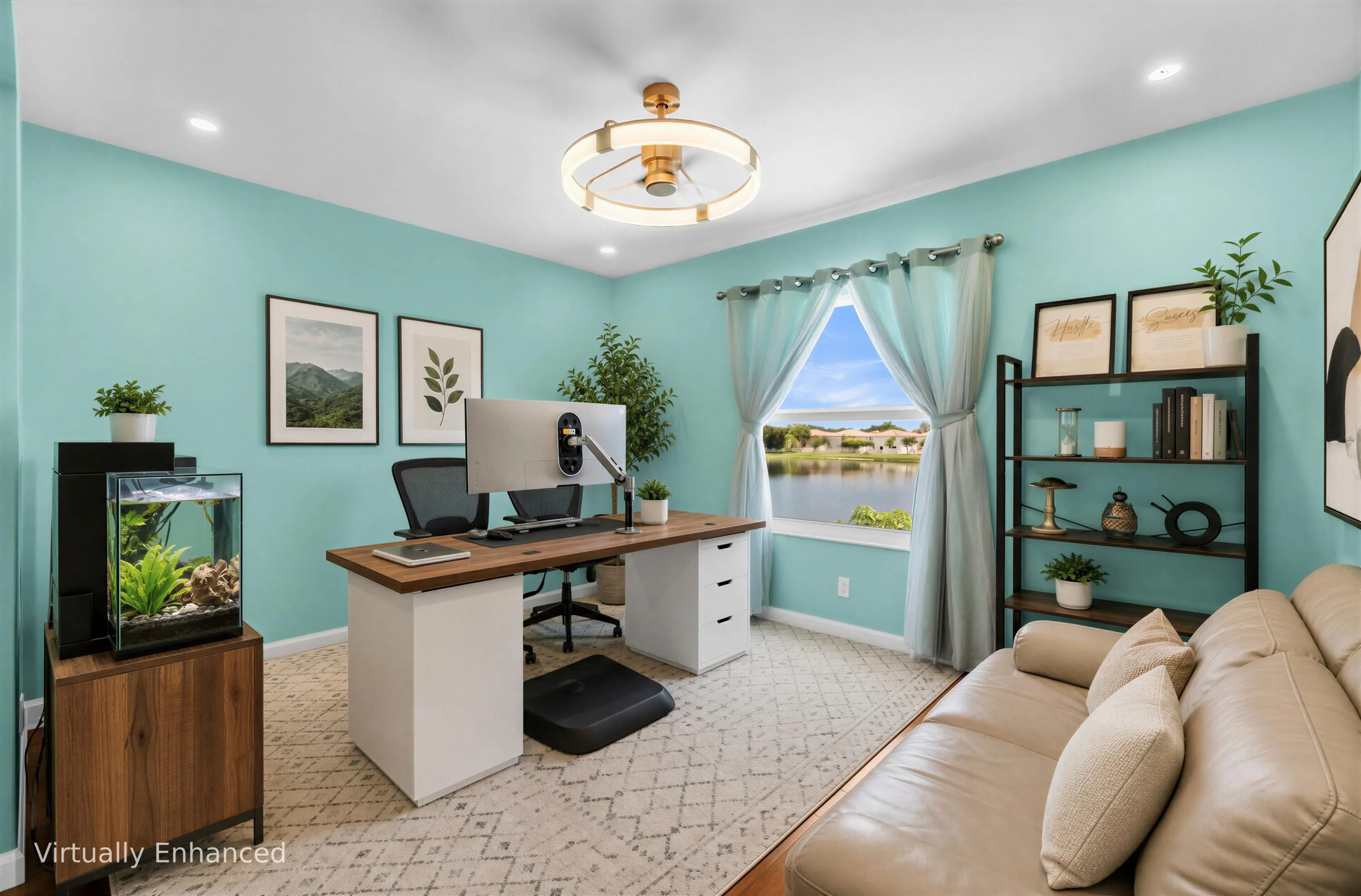 Recessed lighting and a decorative ceiling fixture illuminate this room, featuring a window with scenery, wood-finish flooring, and a built-in shelving unit