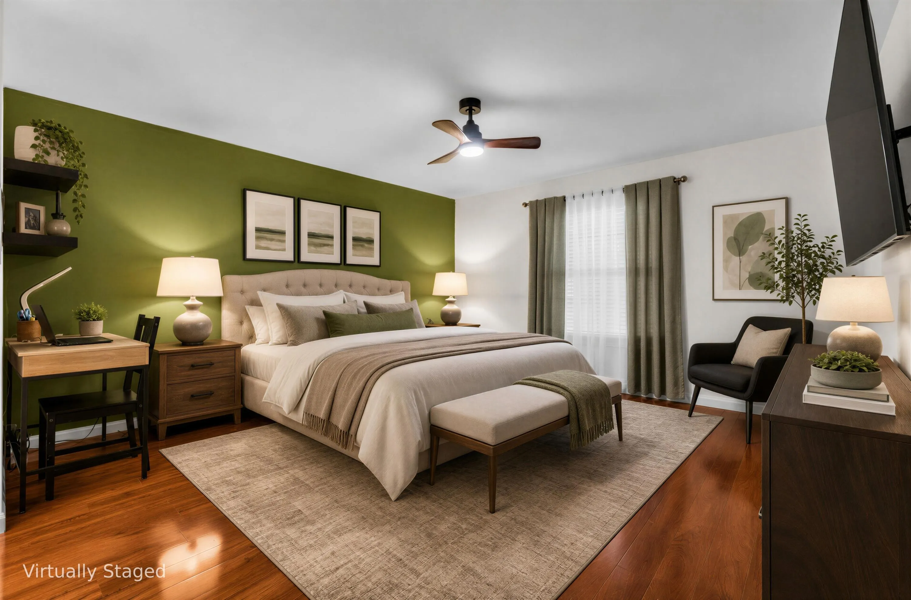 Wood-finish flooring with a decorative area rug