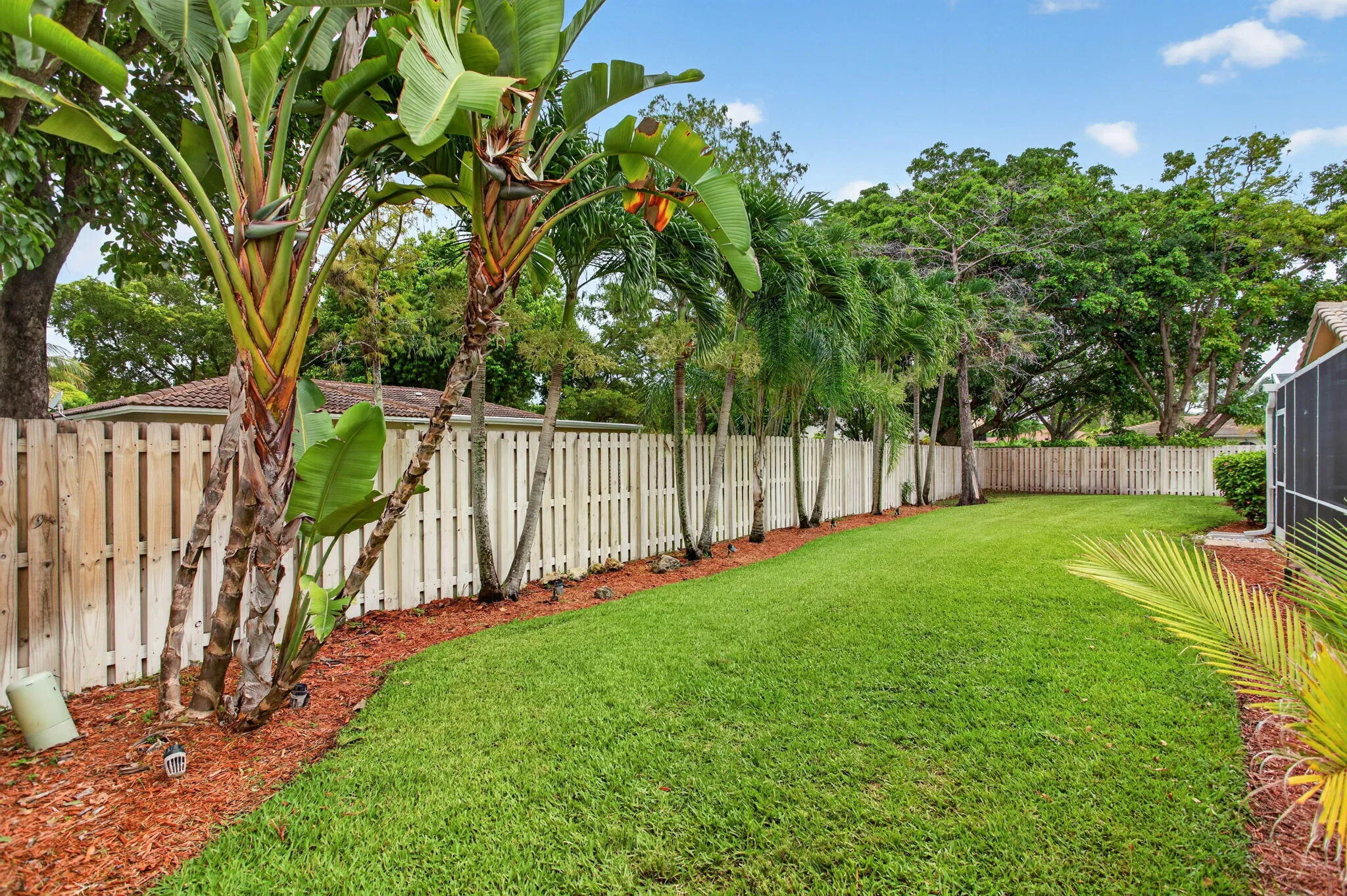 Expansive lawn area with a perimeter privacy fence, mature tropical landscaping, and integrated ground lighting