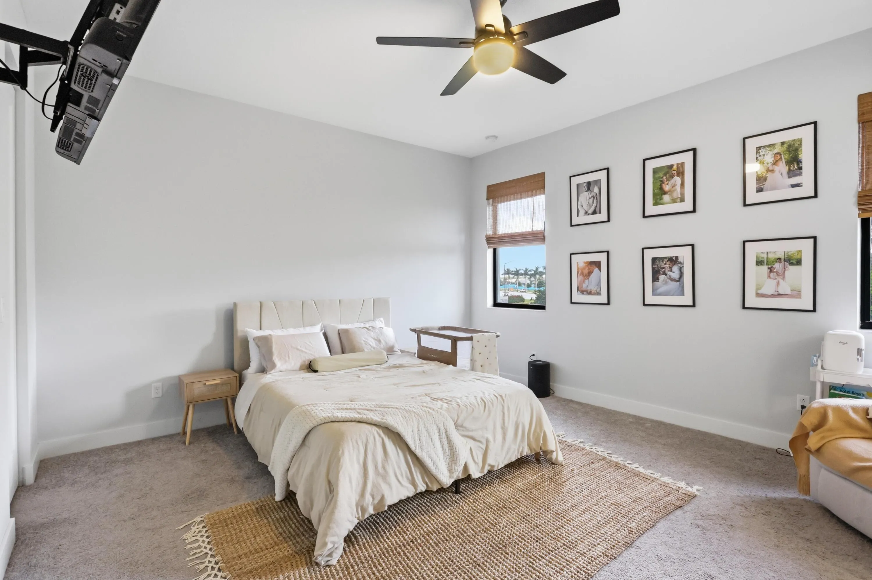 Light gray walls with a ceiling fan, dual windows with woven shades, and carpeted flooring