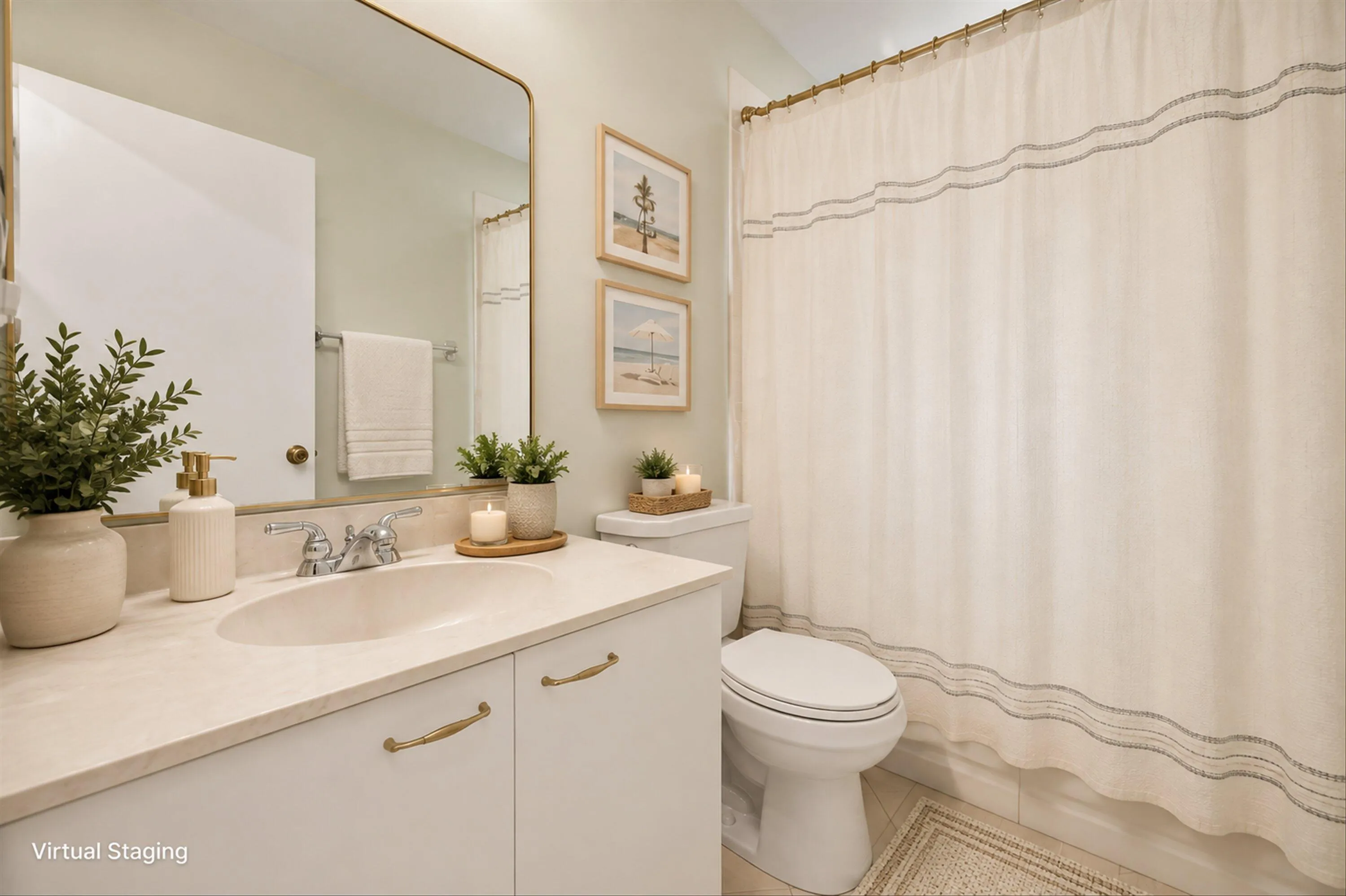 Vanity with an integrated sink and chrome faucet, set against a full-width​​‌​​​​‌​​‌‌​‌‌​​​‌‌​‌​‌​‌​​​‌​​ mirror
