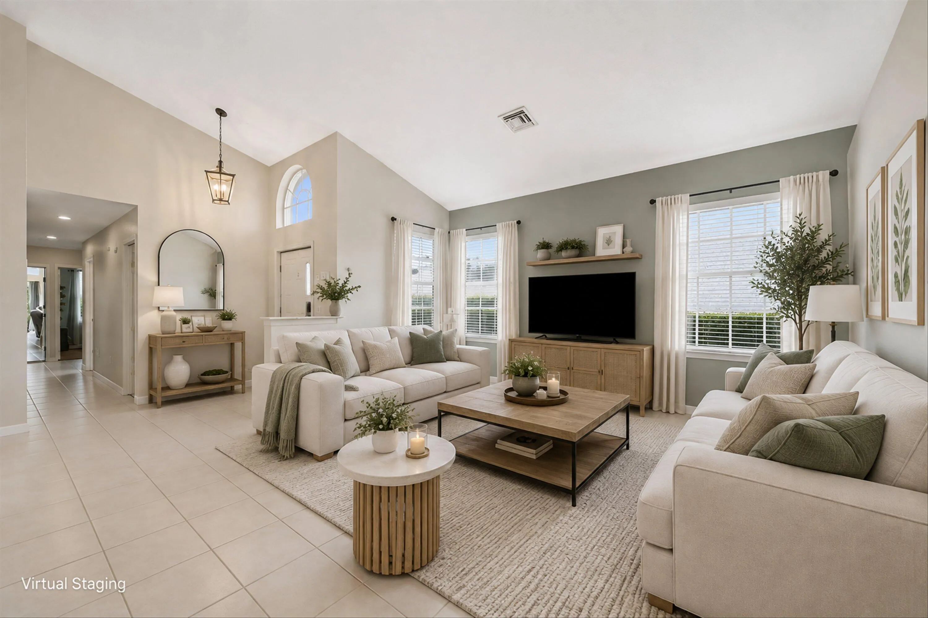 Vaulted ceiling, arched window, recessed lighting, tile flooring, and multiple large windows